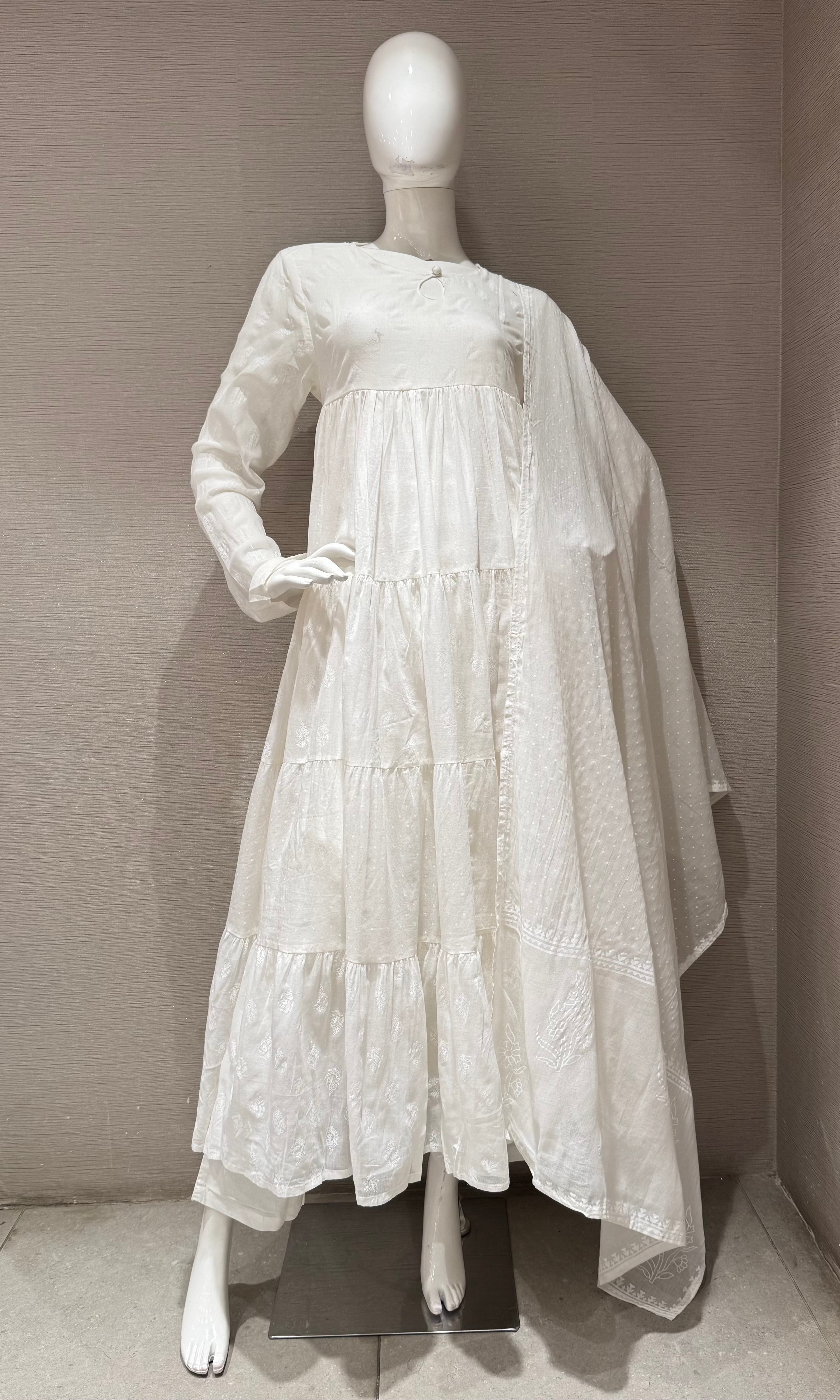 White Floral Block Print anarkali Set with Dupatta