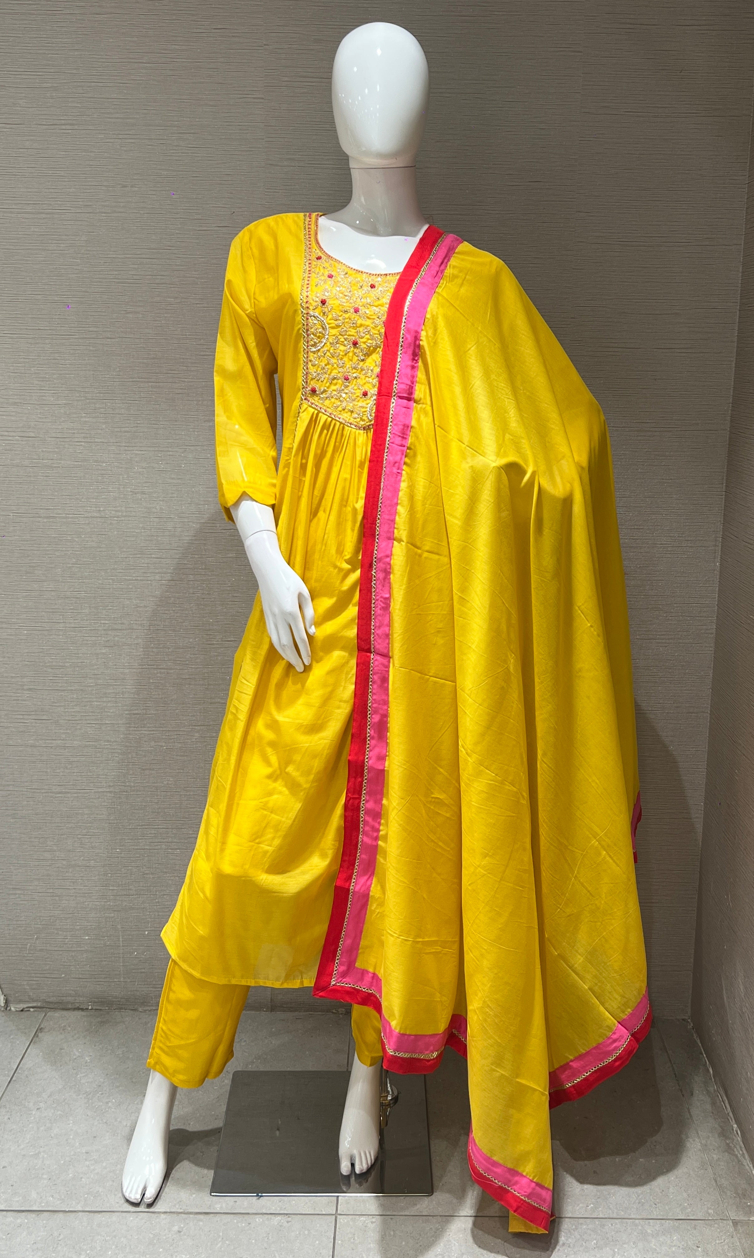 Yellow MUL CHANDERI ANARKALI KURTA SET