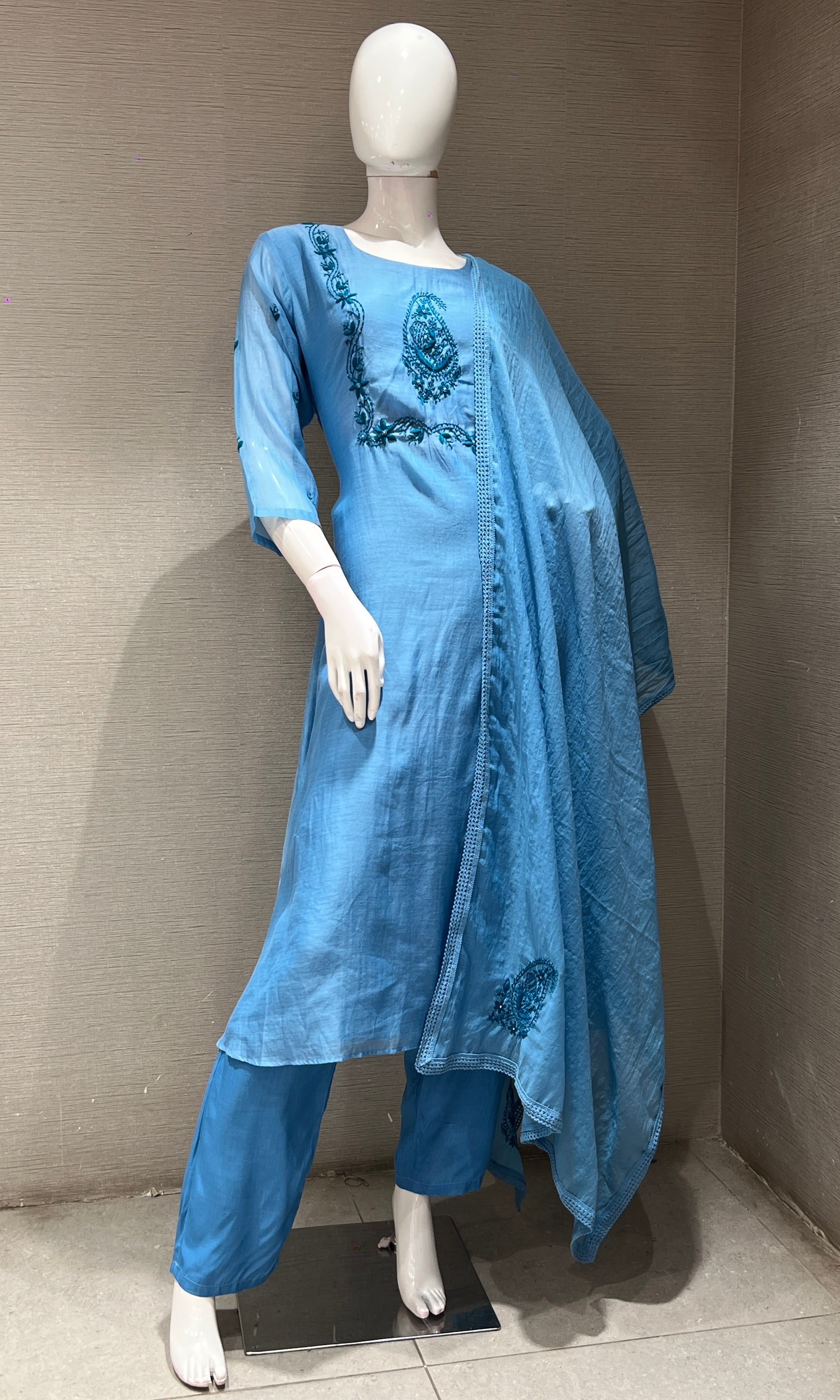 Sea Blue MUL CHANDERI kurta set