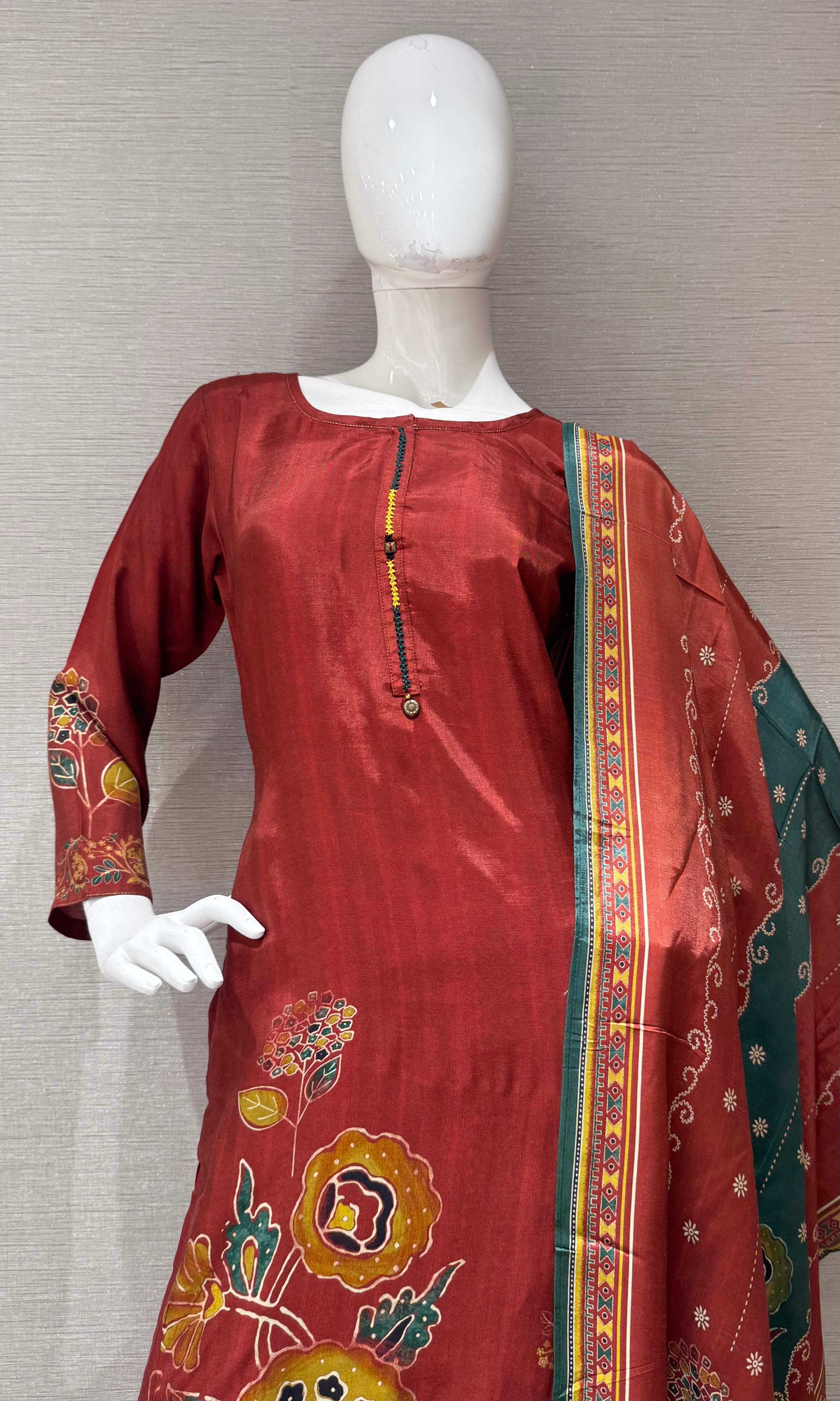 Rust Flora Embroidered Silk Kurta Set