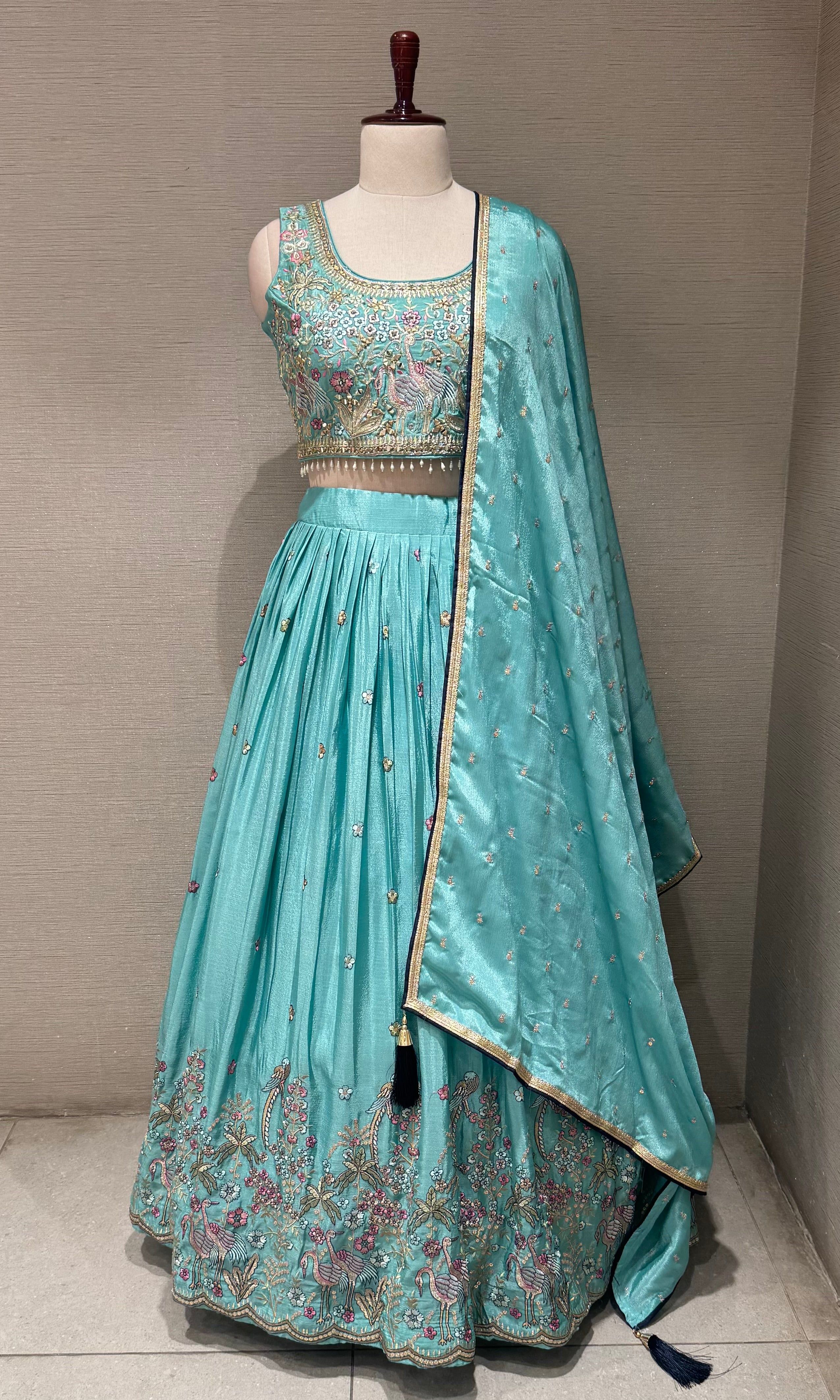 Sea Blue Tissue silk Forest Floral Lehenga set