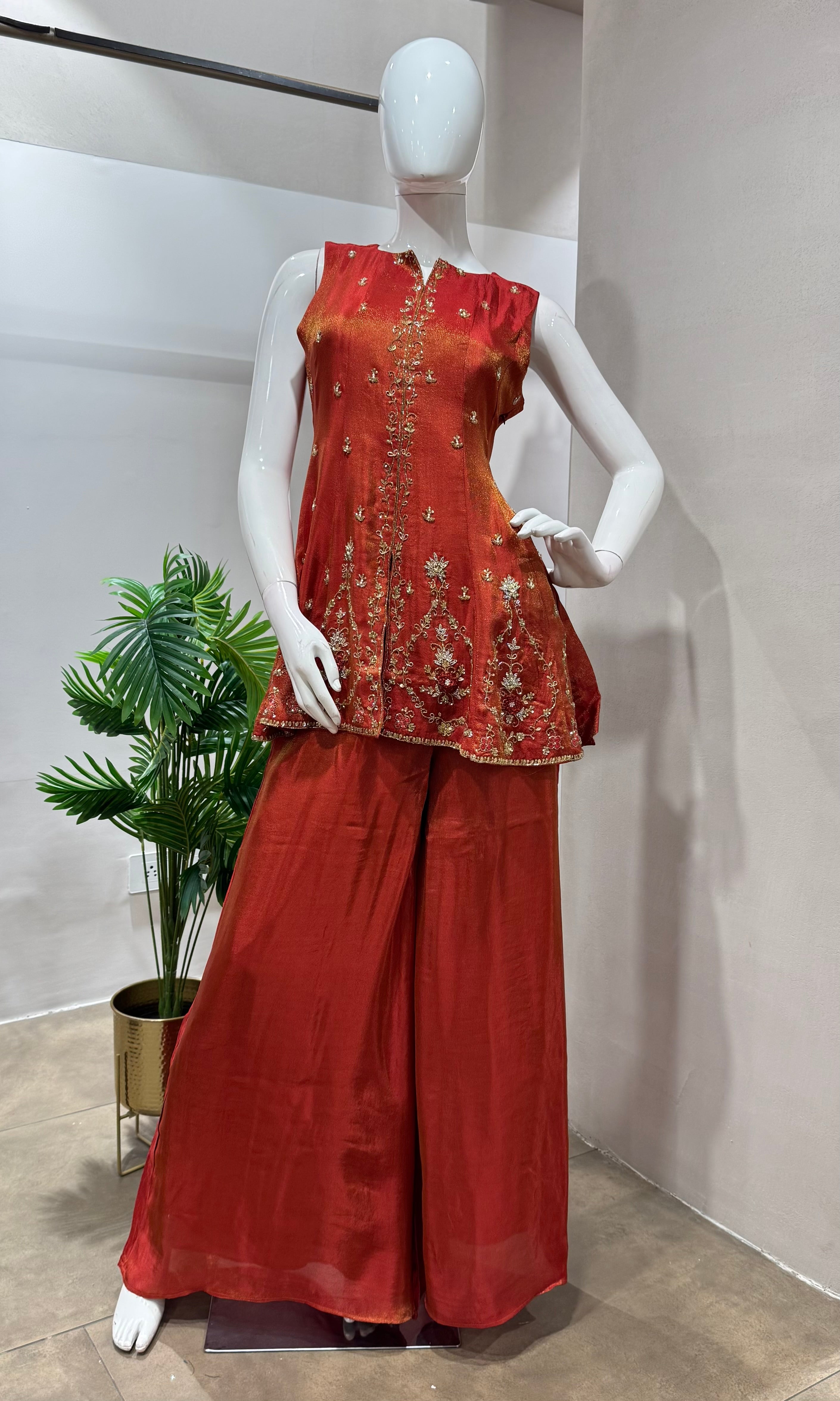 Rust golden anarkali with palazzo set