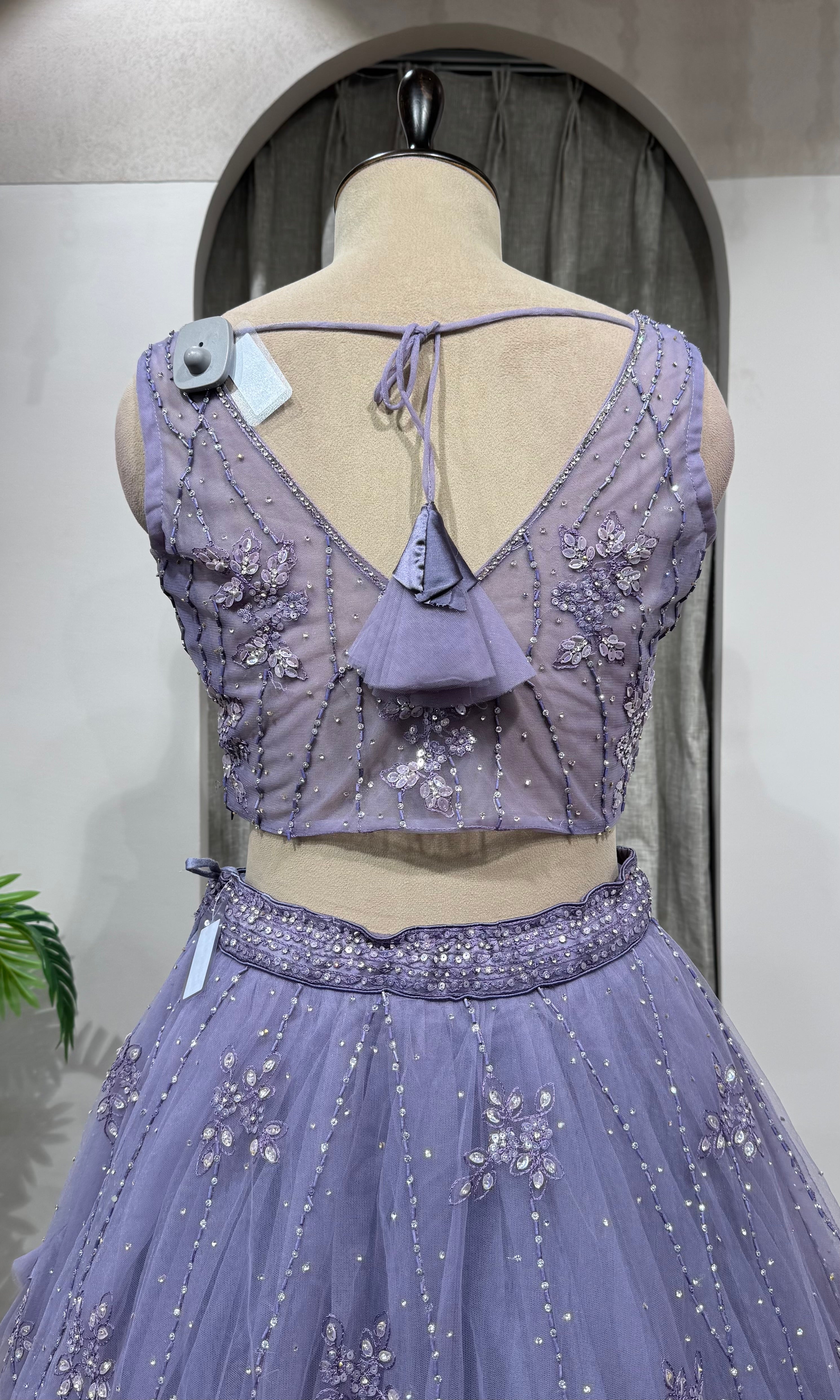 PURPLE FLORAL EMBROIDERED NETTED CROP TOP LEHENGA