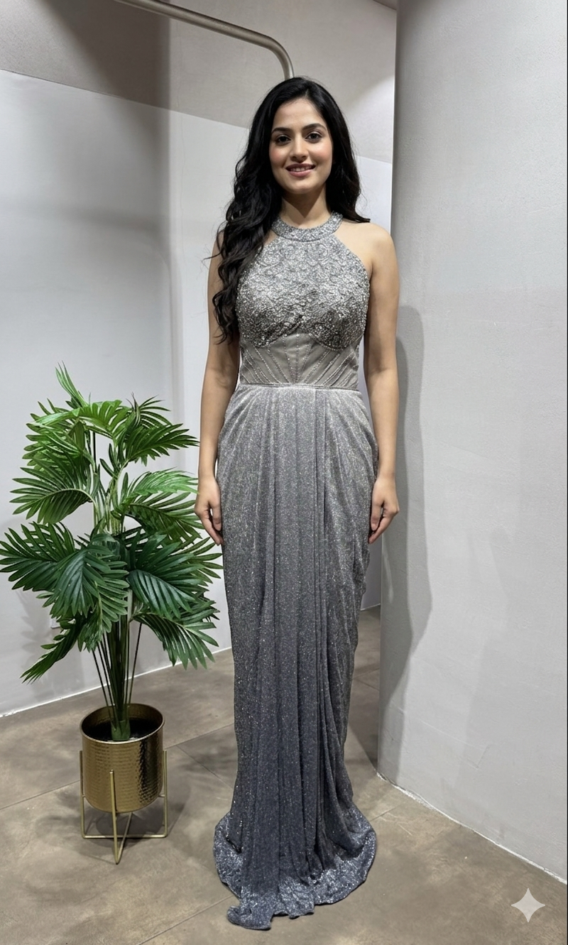 Grey Metallic Shimmer Halter Gown