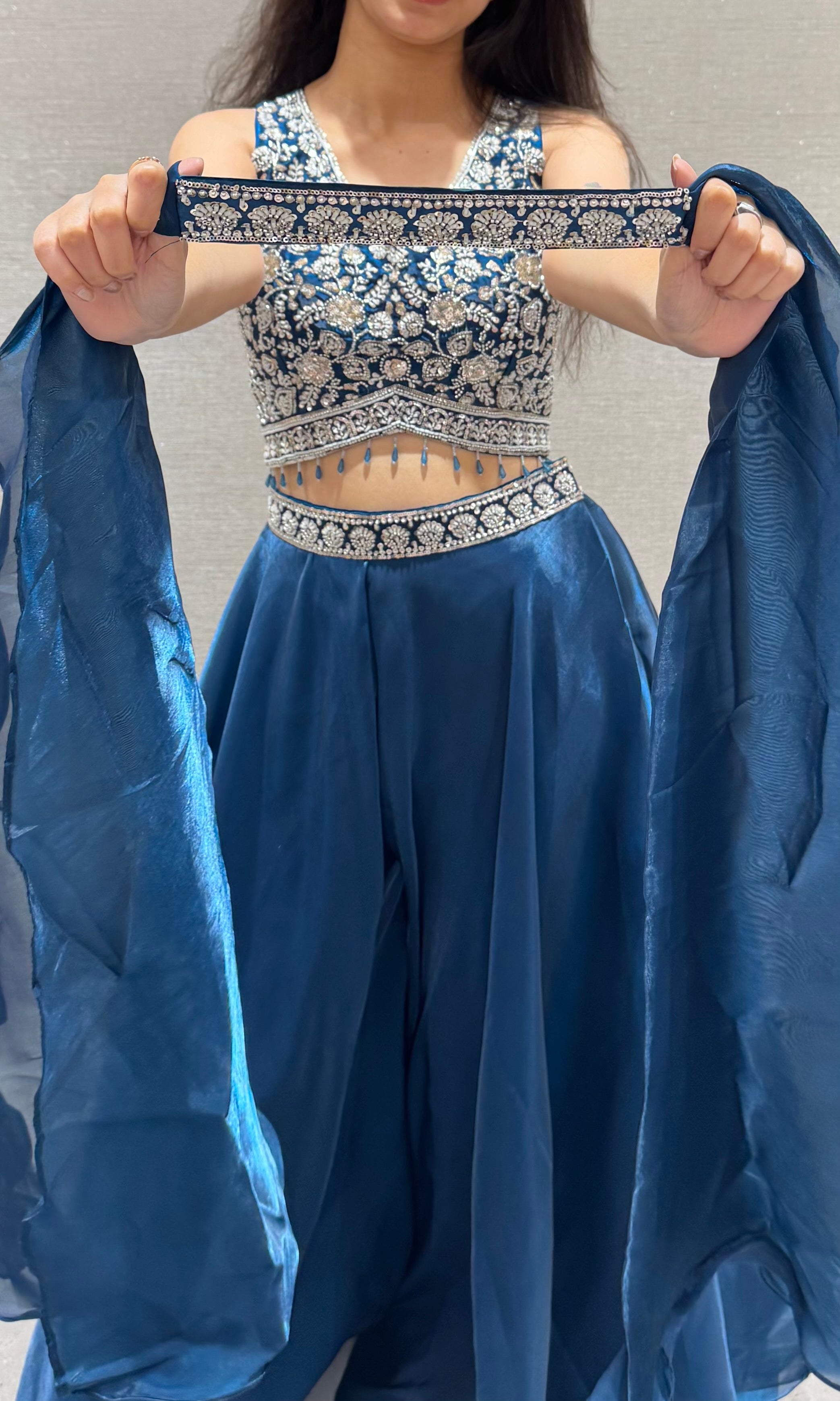 Teal Blue embroidered Crop Top Palazzo set