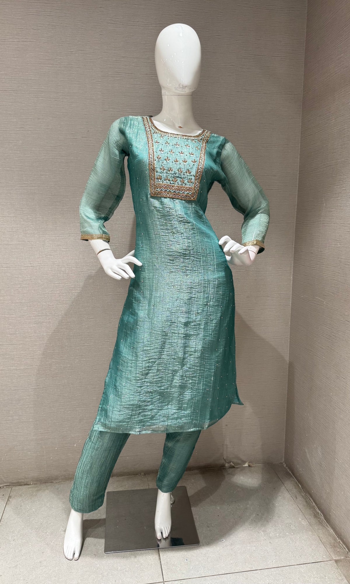 Sea green Tissue silk Salwar Kurta set with Gold Embroidery