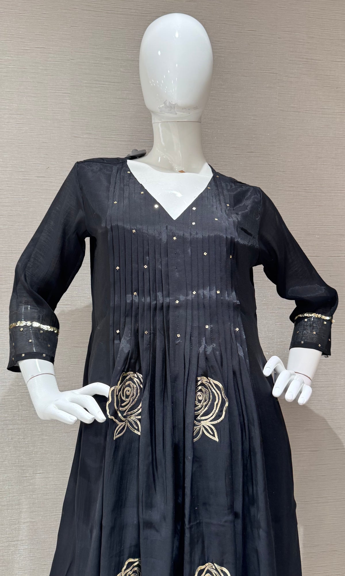 Black golden floral mul chanderi kurta set