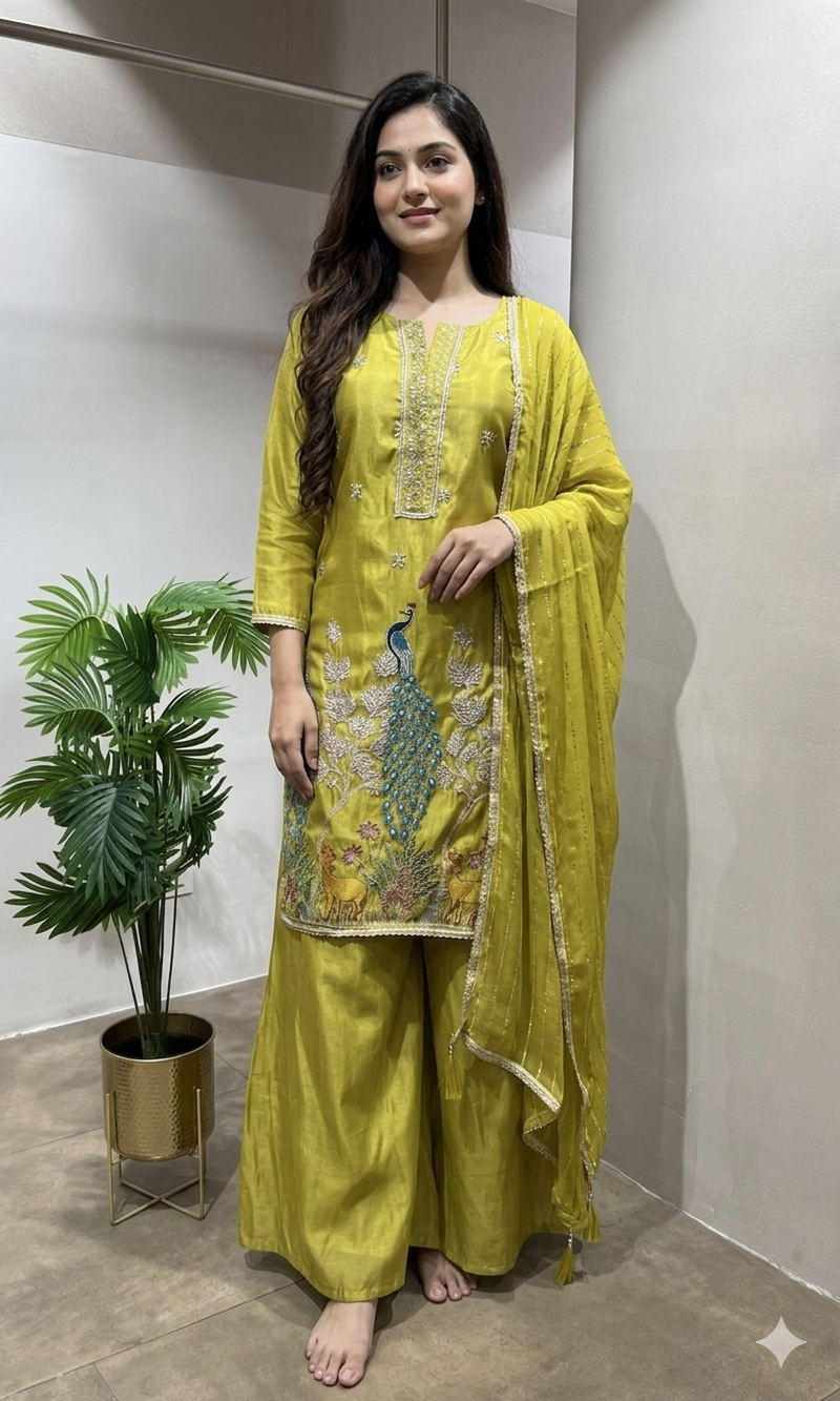 GREEN Silk Blend Straight Suit with Dupatta