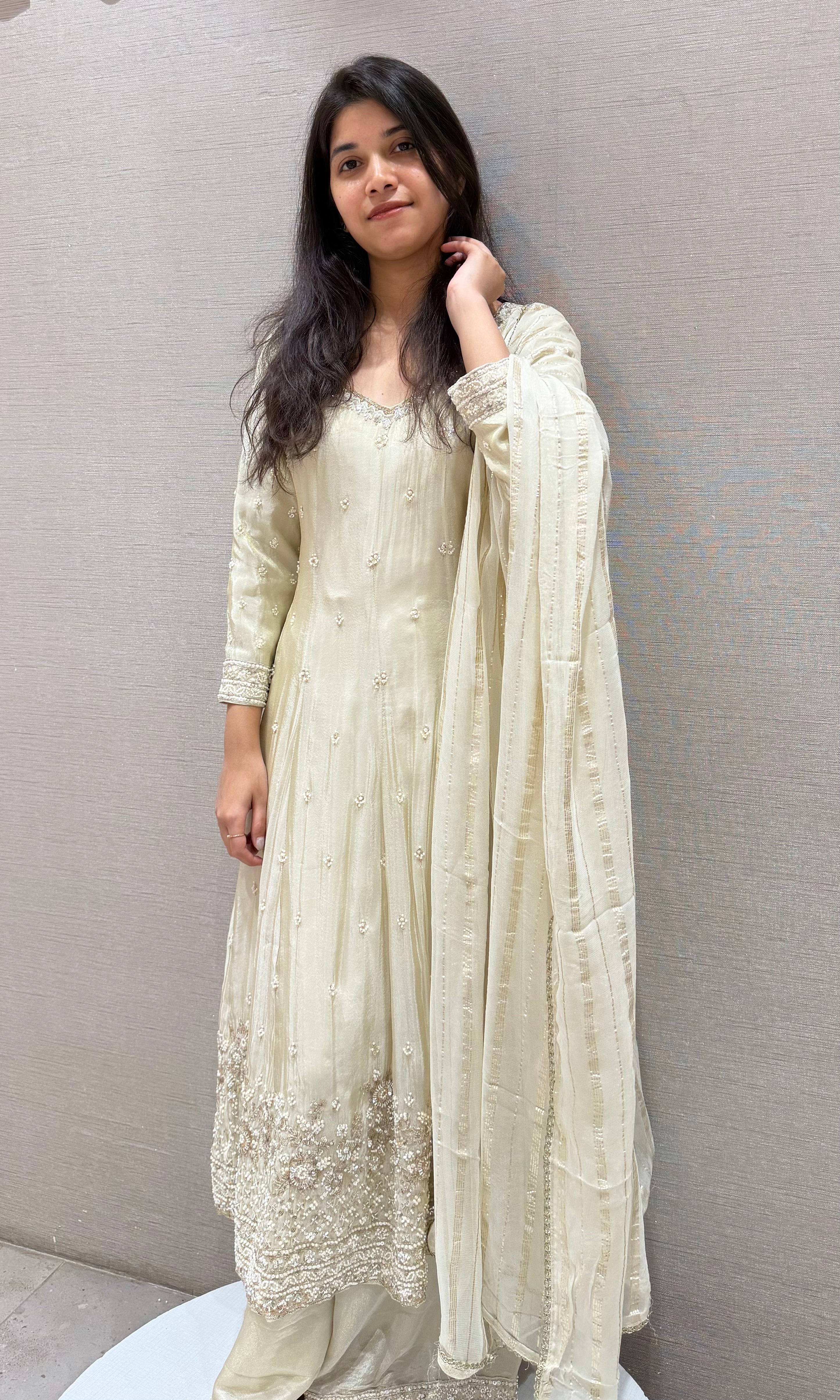 Half white FLORAL EMBROIDERED ANARKALI