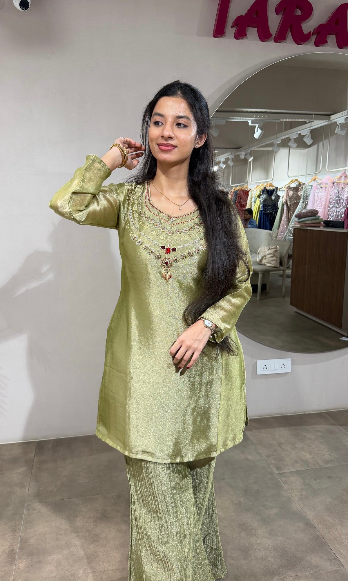 Olive Green Tissue Cord Set with Zardosi Embroidery