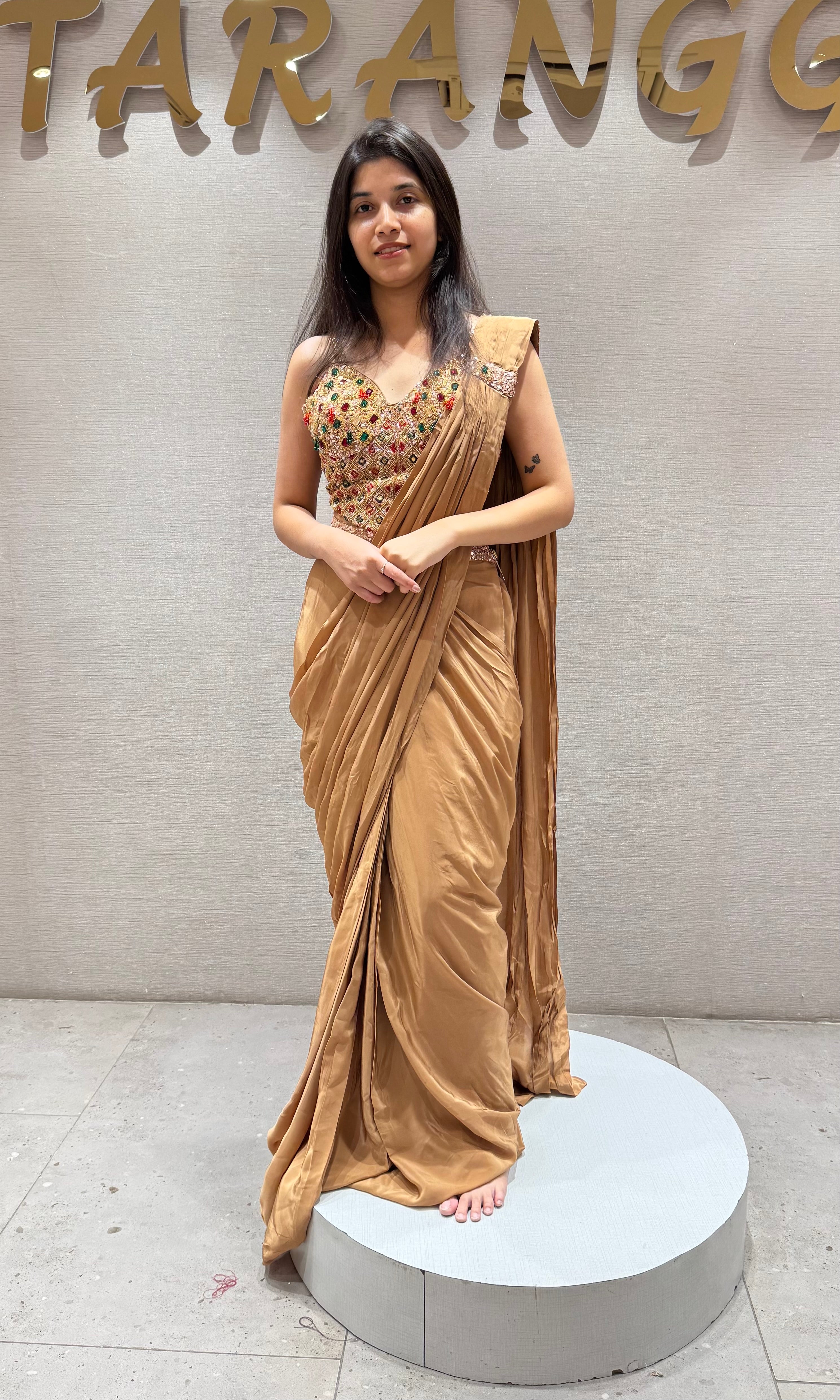 LIGHT BROWN Satin Silk Draped saree
