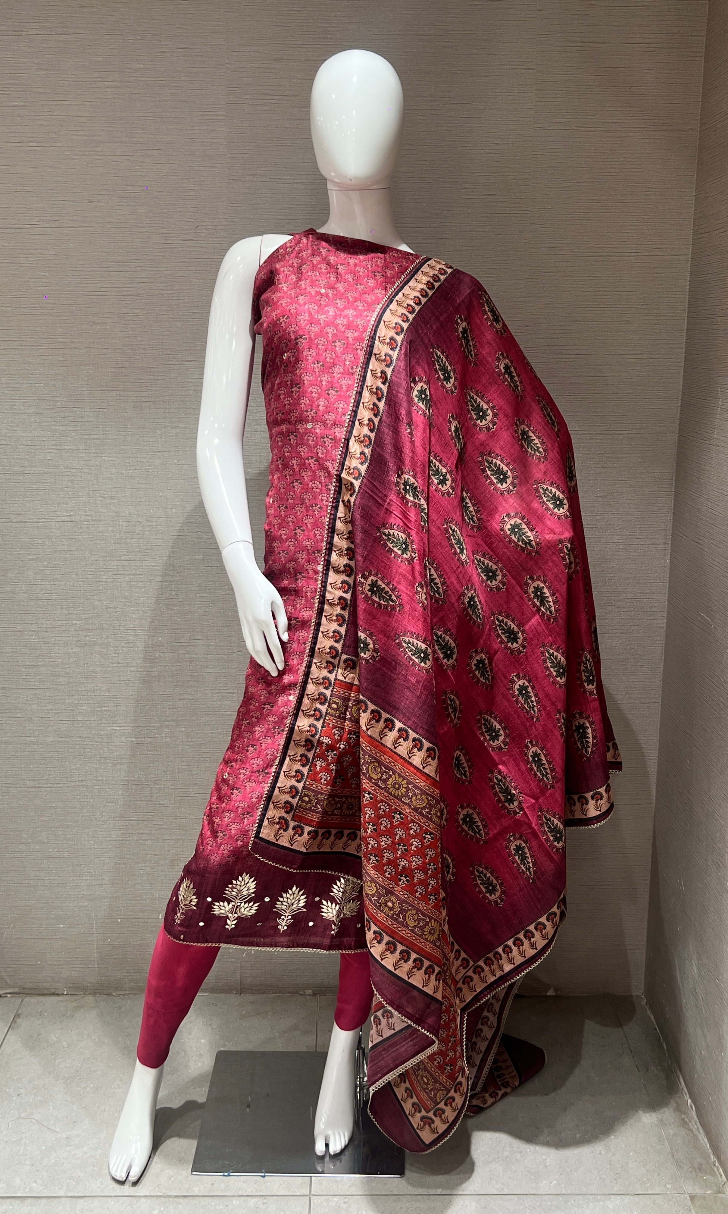 Wine Block Print Dress Material