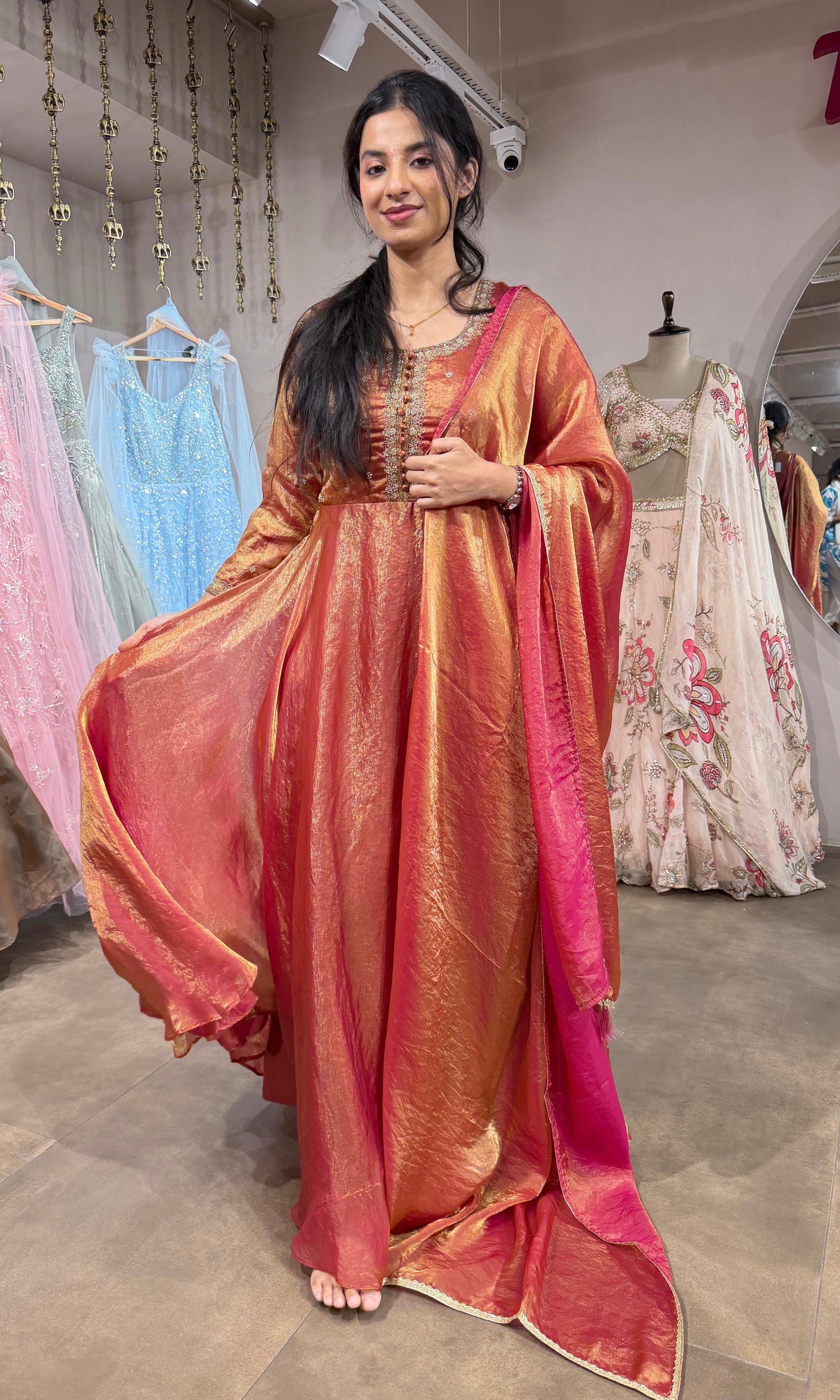 Shimmering RUST-Gold Silk Tissue Anarkali Set