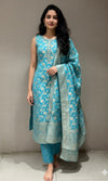 Sea blue golden embroidered kurta set