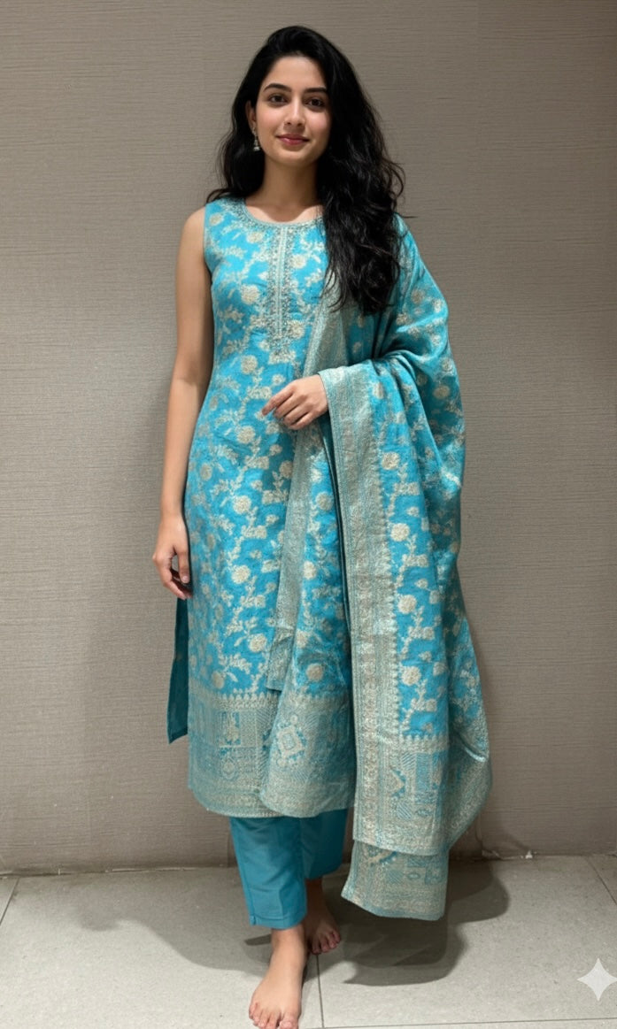 Sea blue golden embroidered kurta set