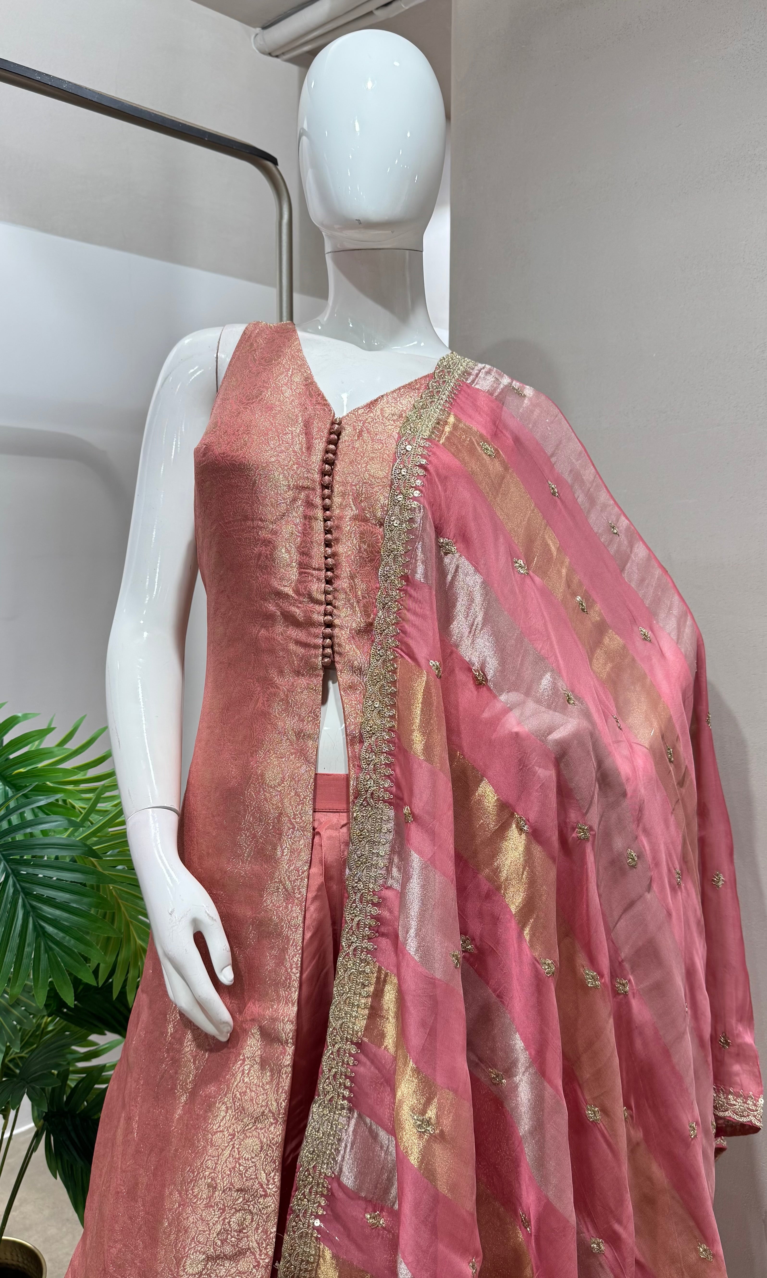 Peach and gold anarkali with palazzo pants