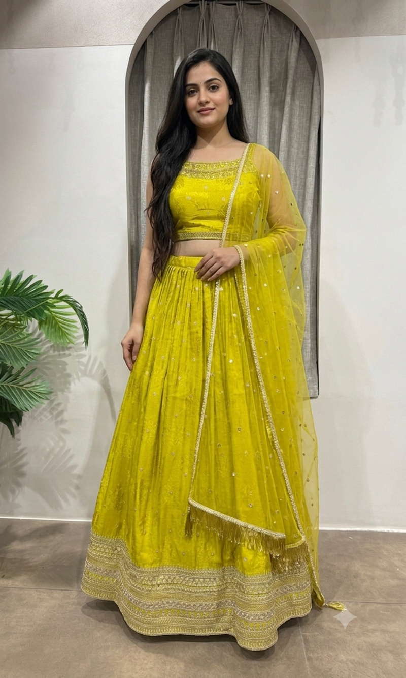 Lime green Georgette Lehenga Set with Net Dupatta