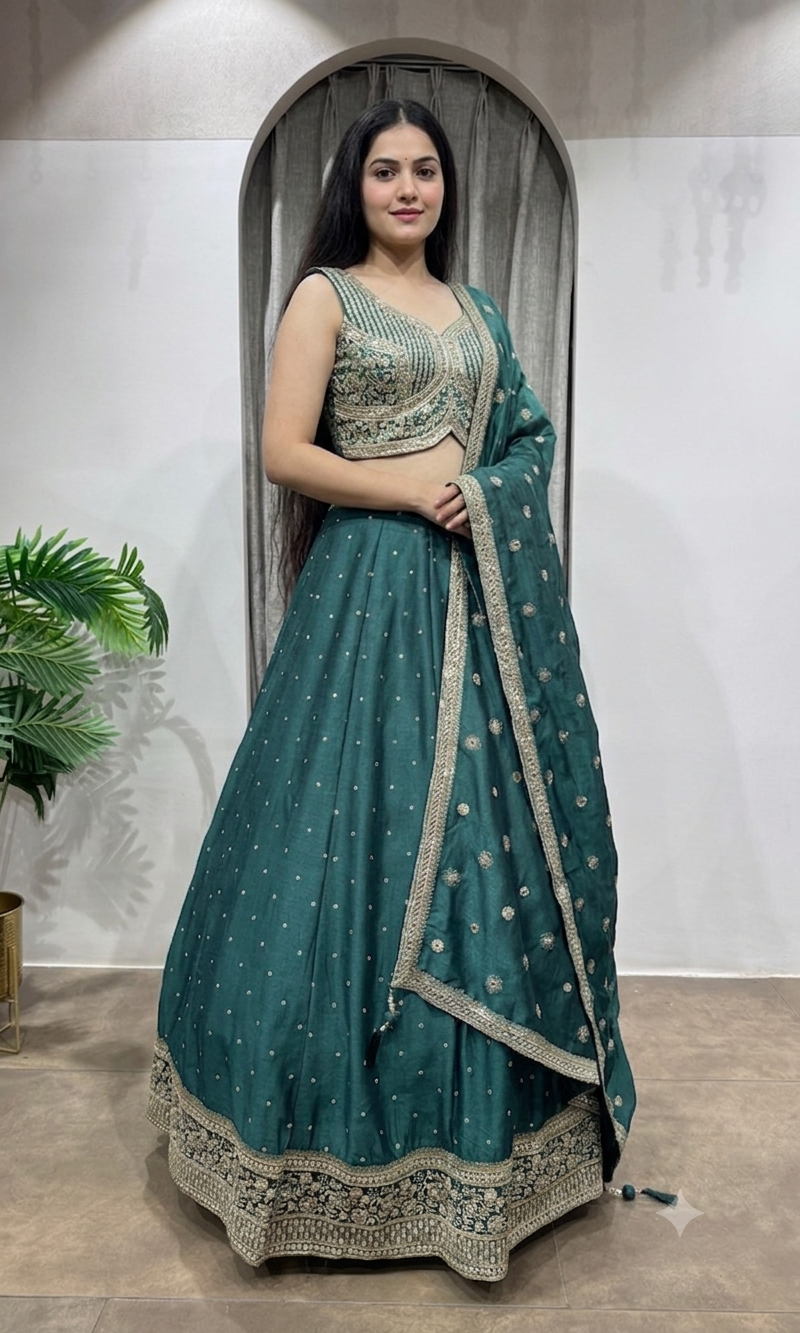 Green silver and gold embroidery lehenga set