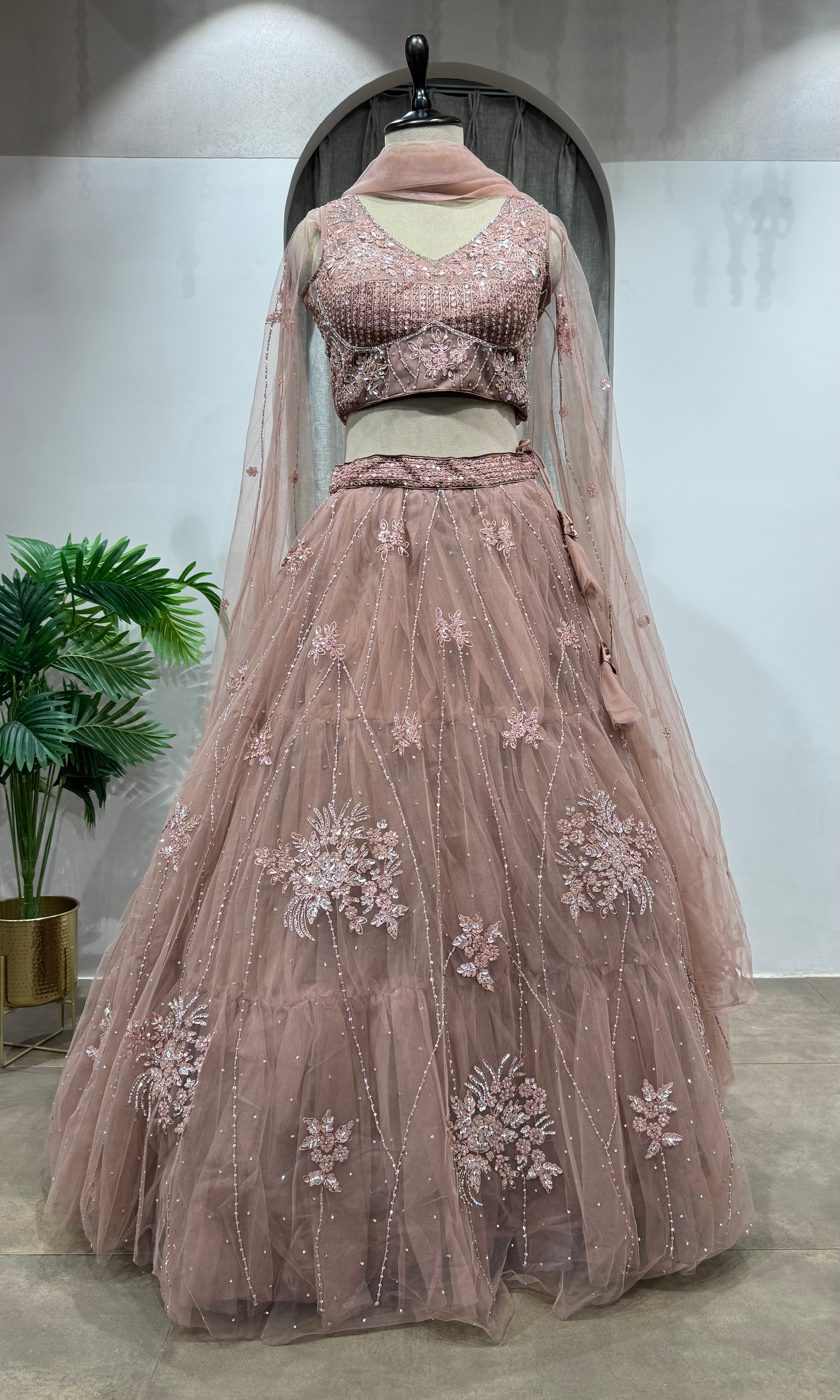 BROWN FLORAL EMBROIDERED NETTED CROP TOP LEHENGA