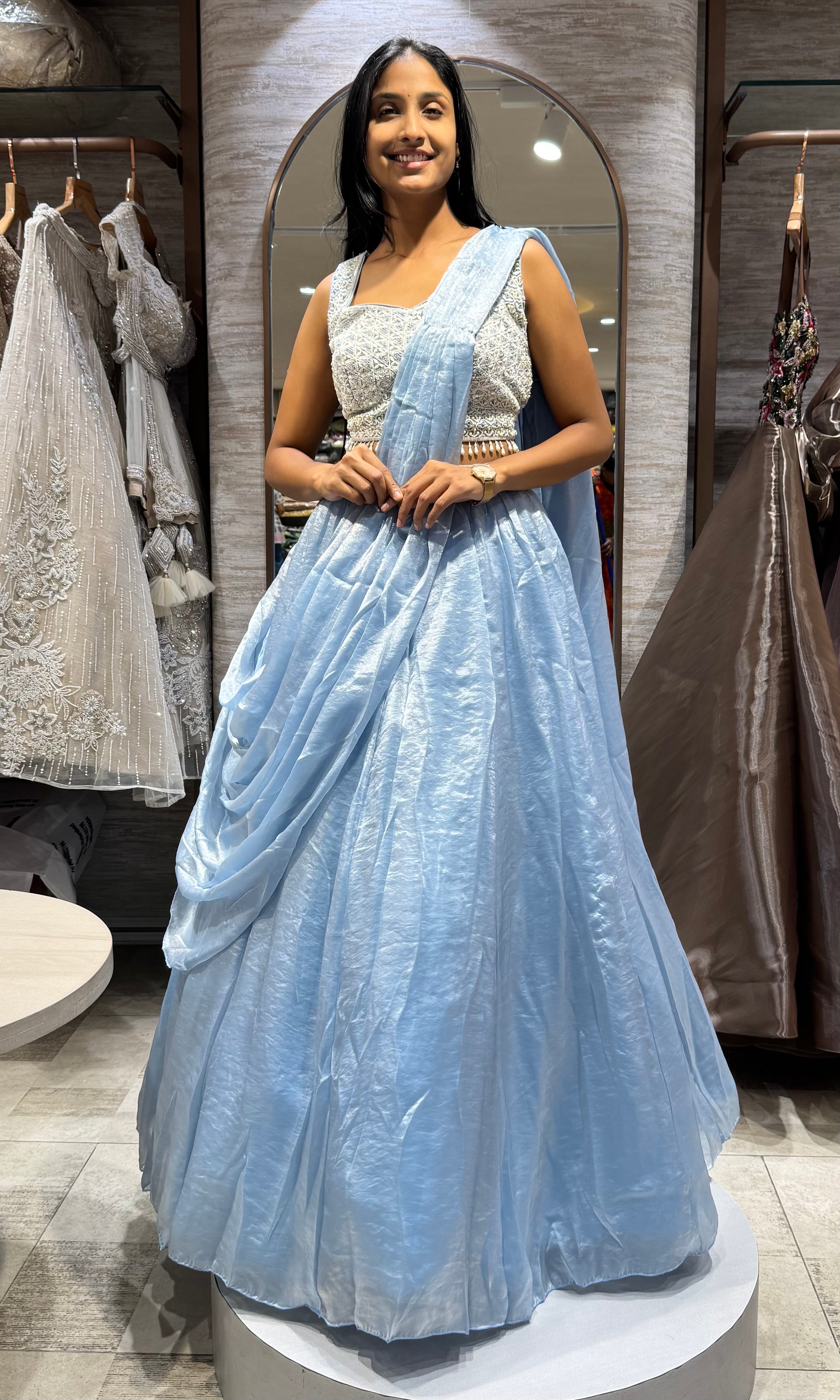 sea Blue Organza Bead Embroidered Lehenga