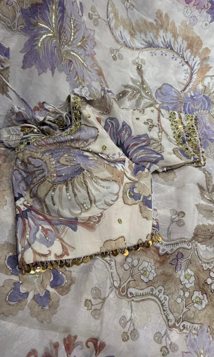 White and lavender floral saree with ready blouse
