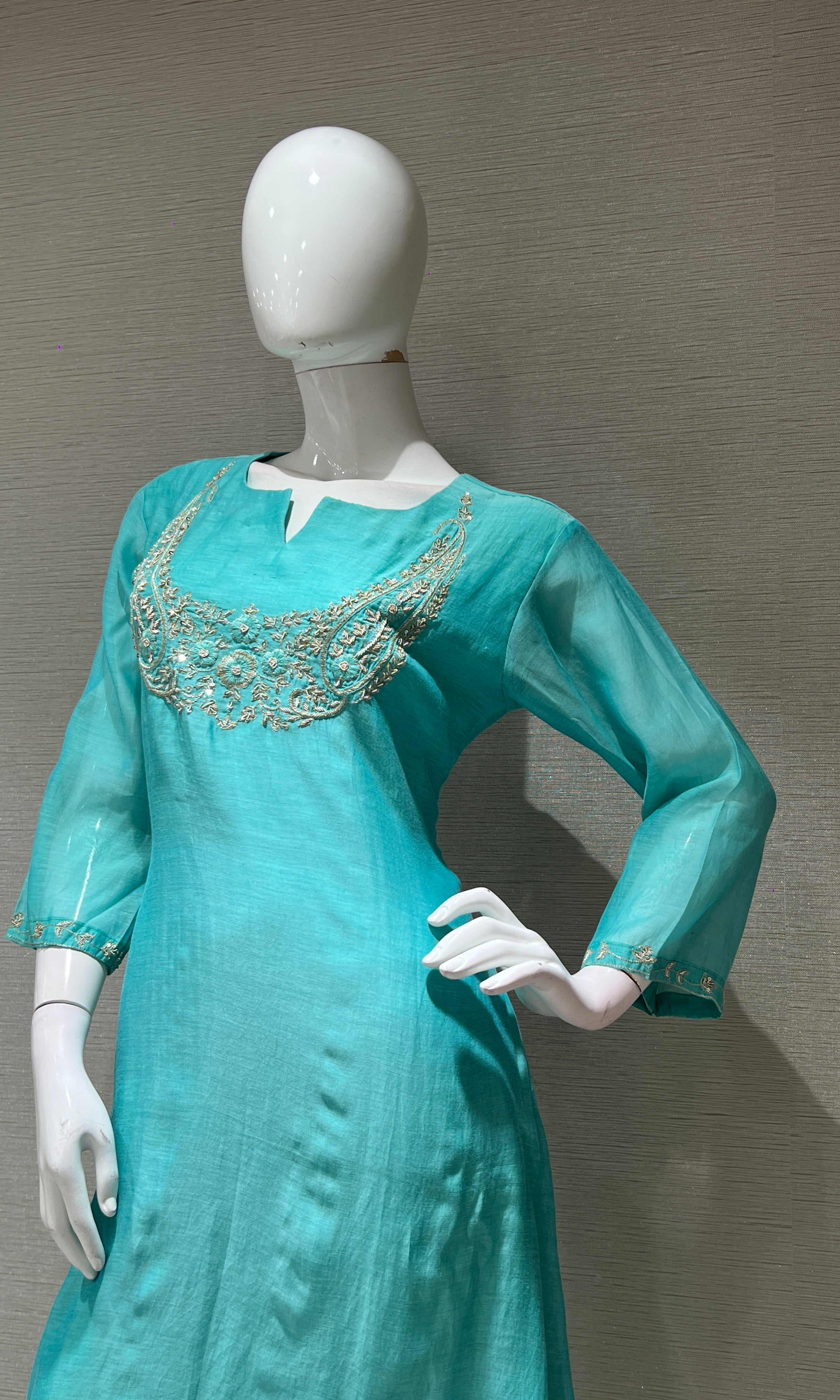 Sea green MUL CHANDERI  KURTA SET