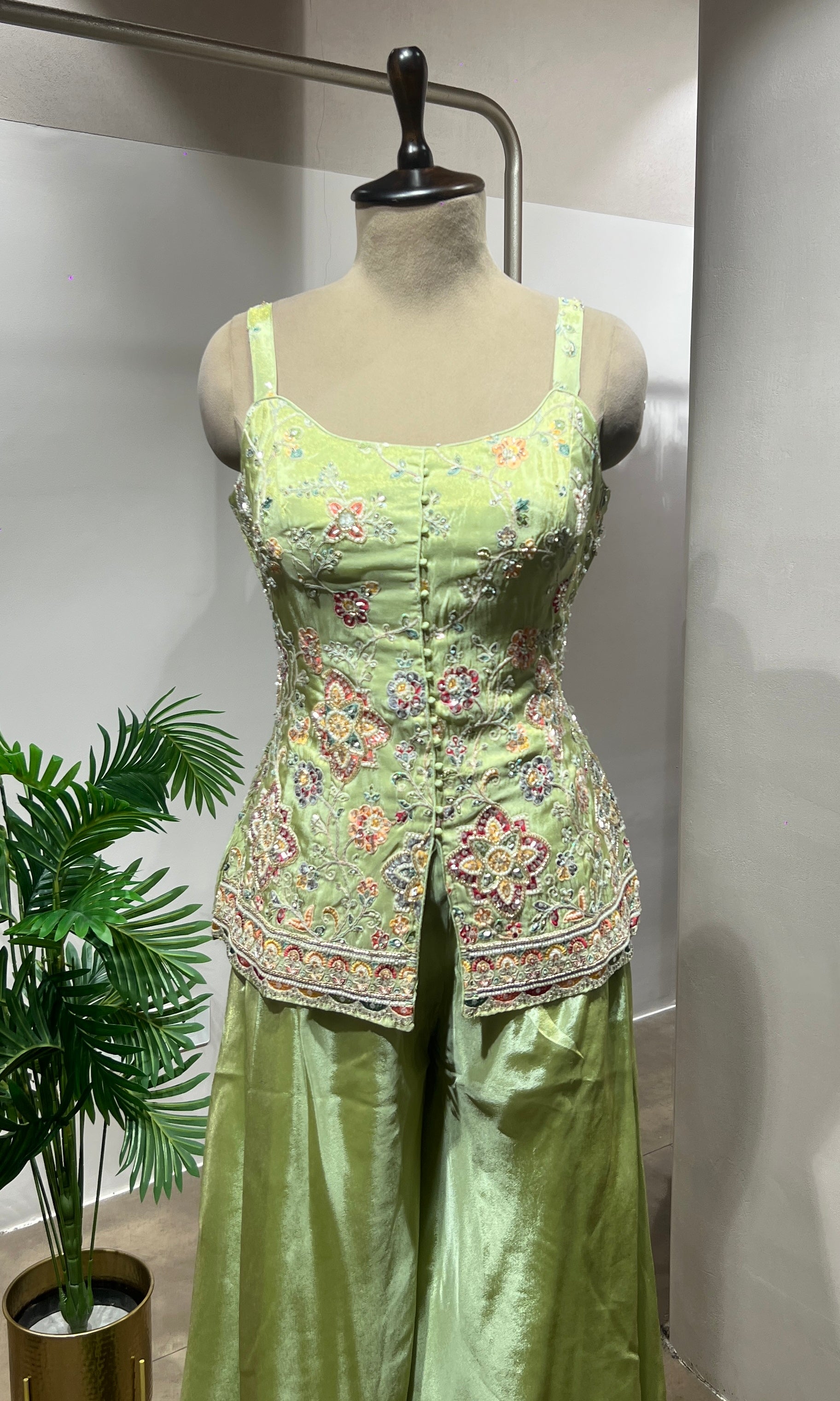 Green Embroidered Peplum & Palazzo suit
