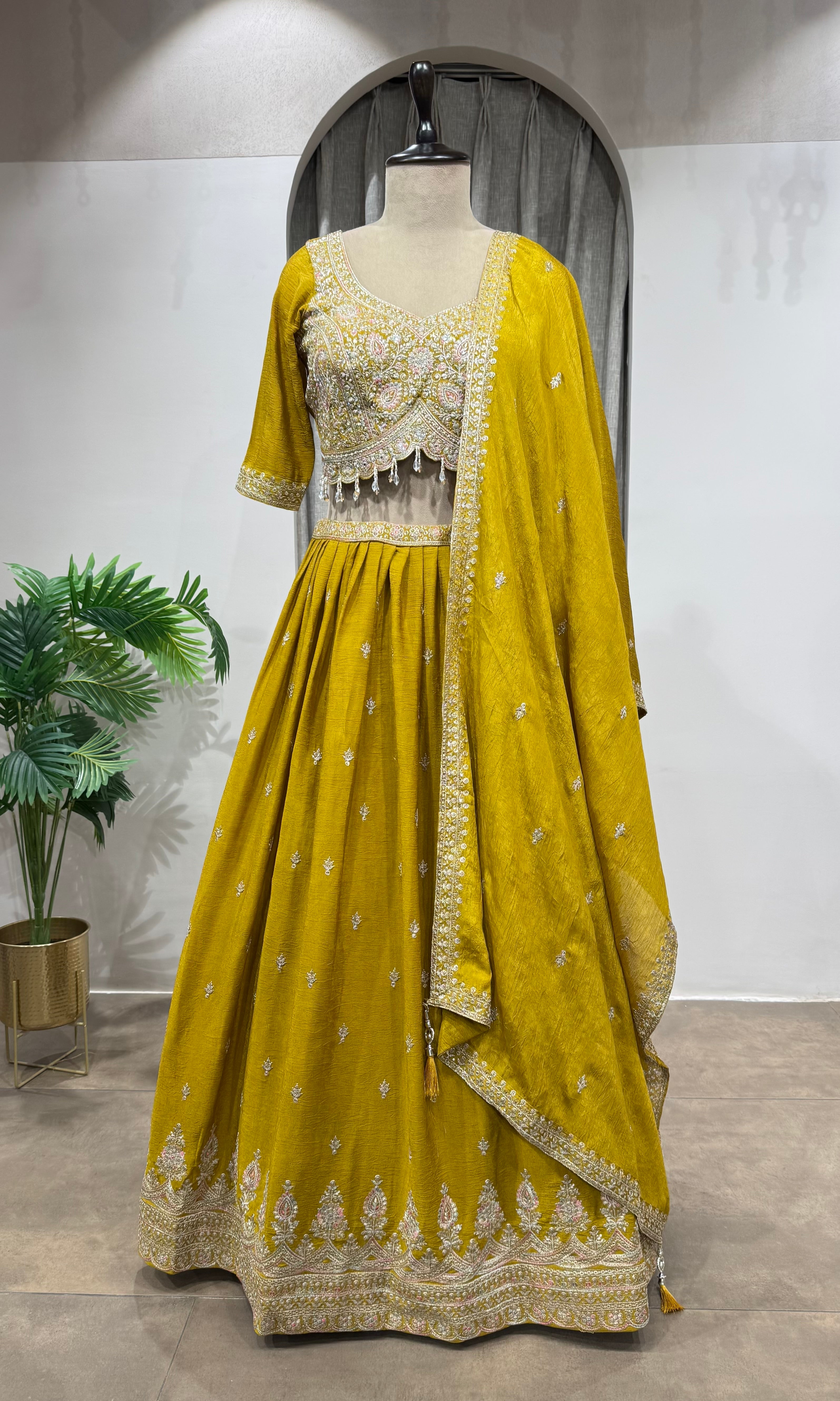 Mustard Flared Lehenga Choli with Border Embroidery