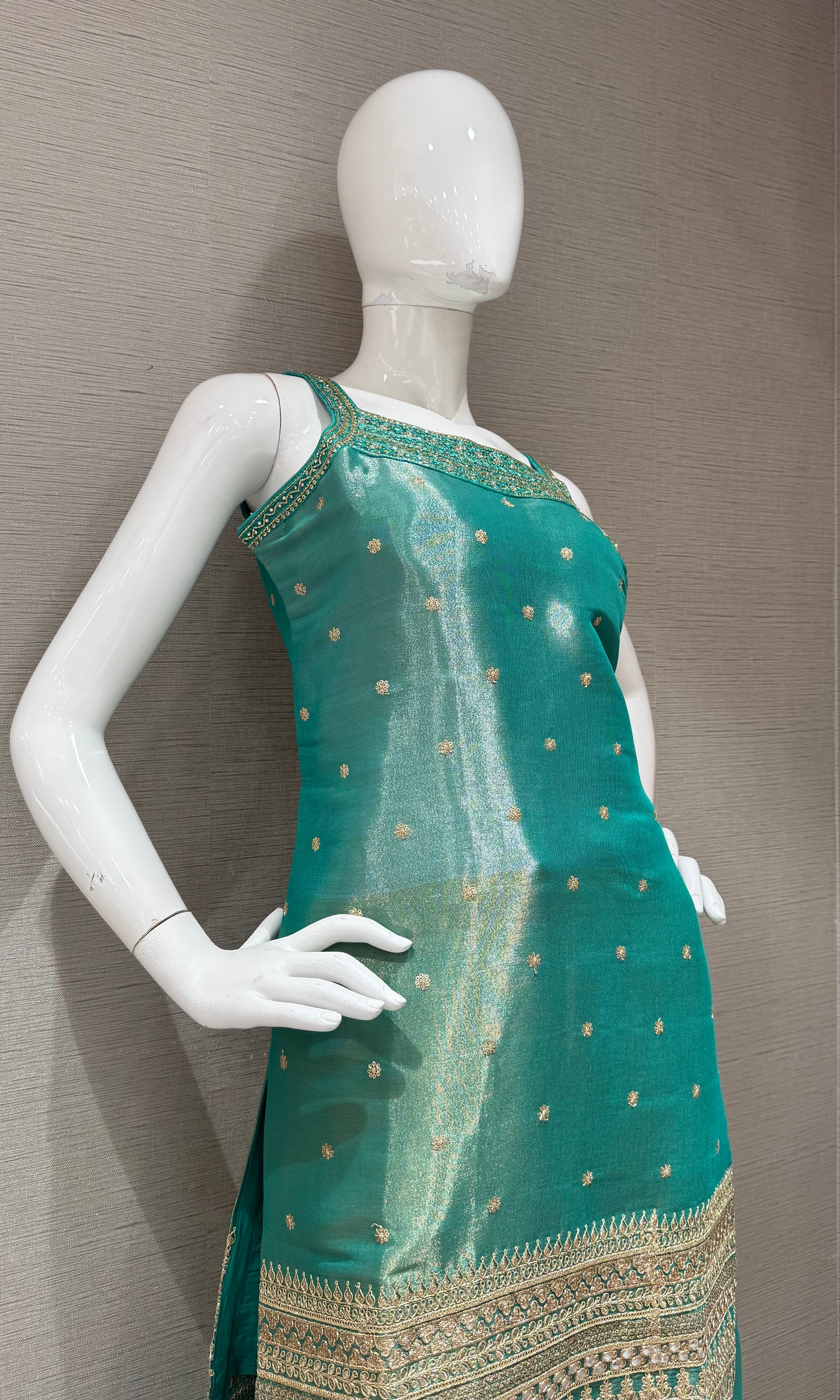 Green and Gold Zari Sharara set with Sheer Dupatta