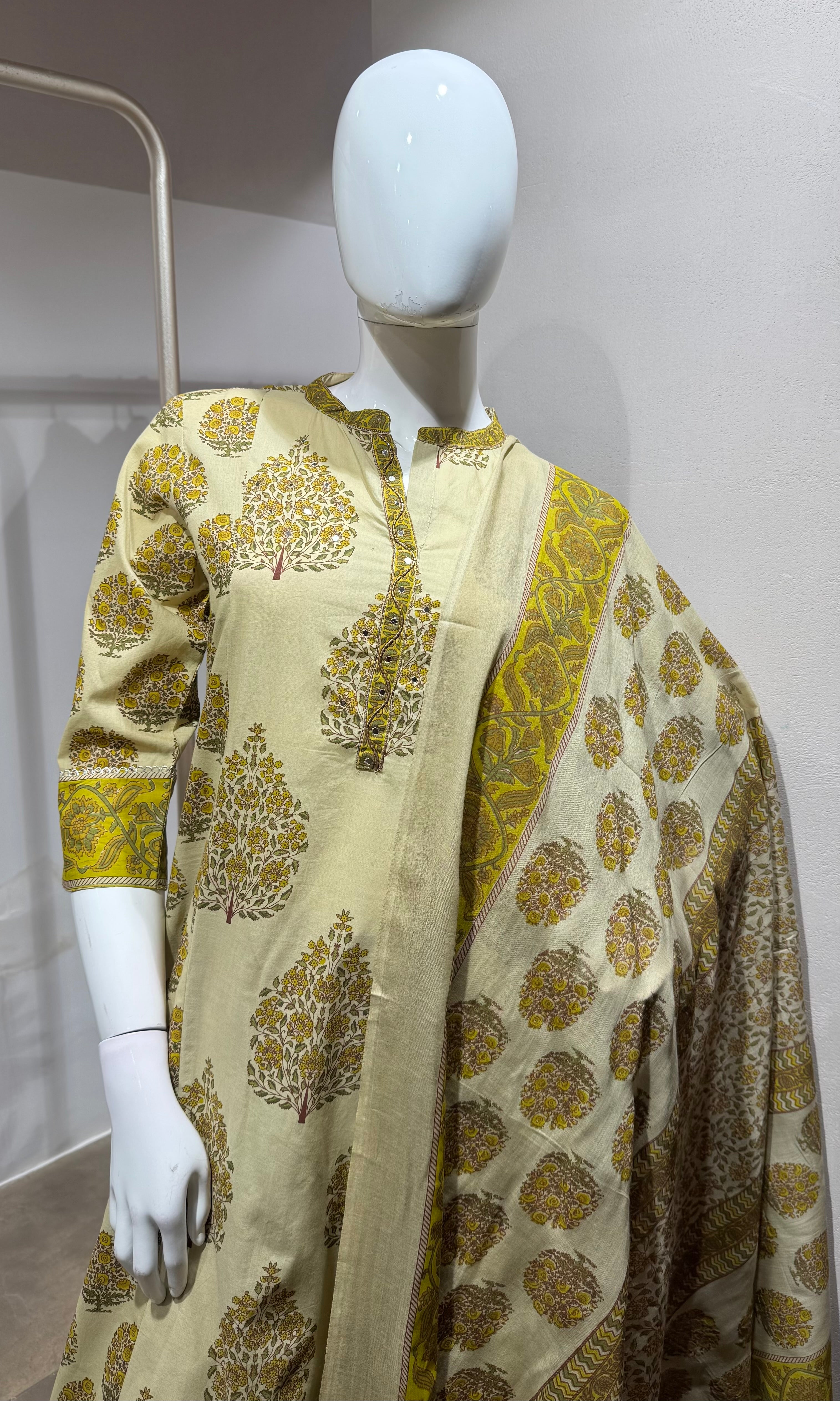 Yellow Floral Print Cotton Kurta Set with Dupatta