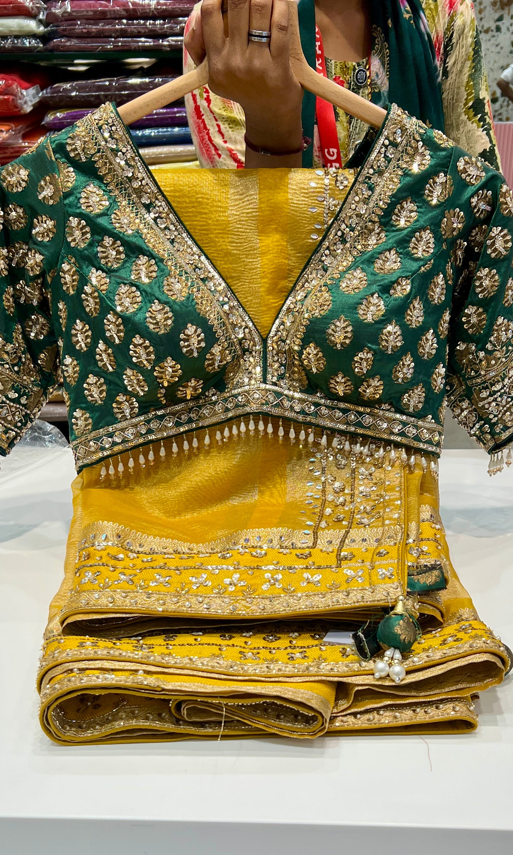 Green saree with ready blouse