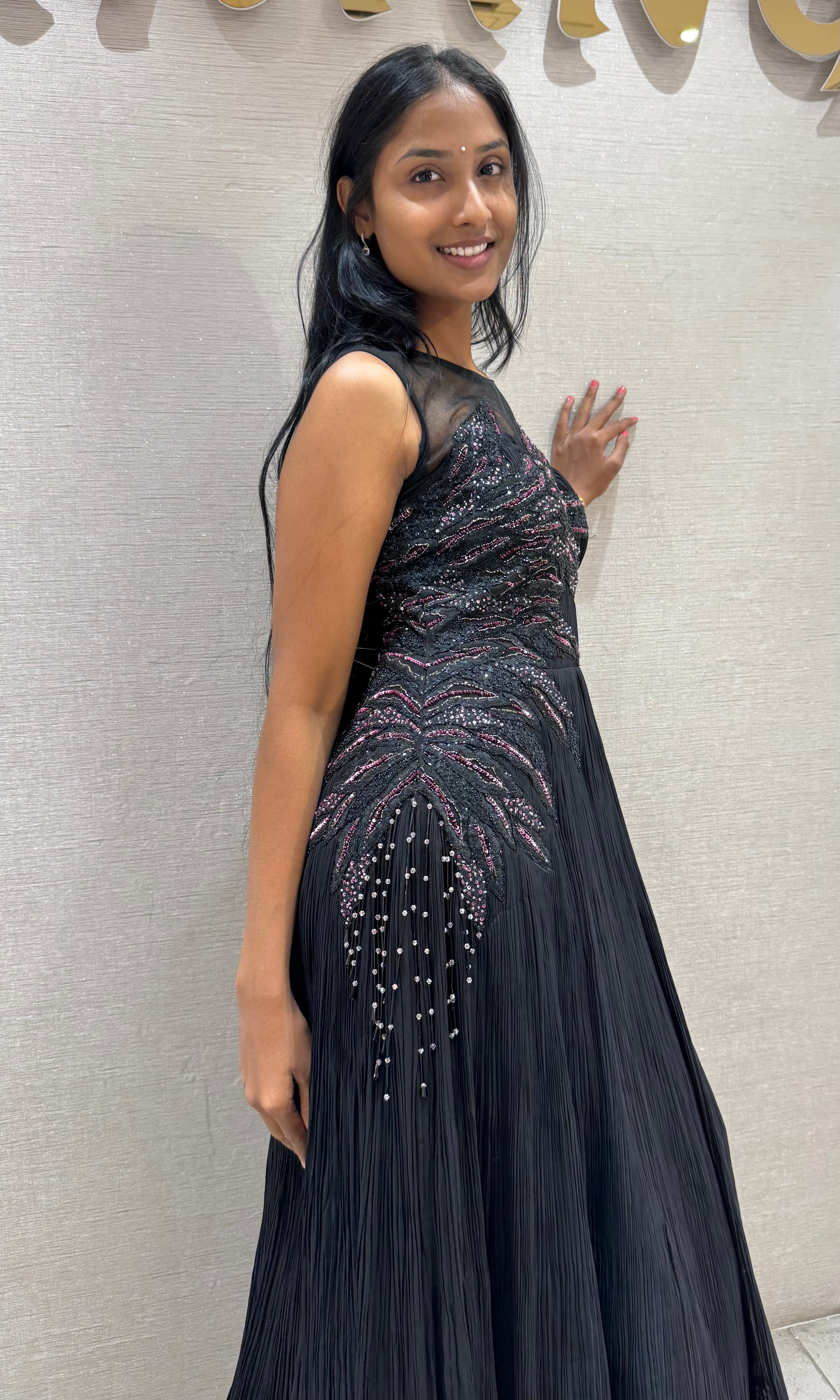 Black Swarovski stone long dress with ruffles