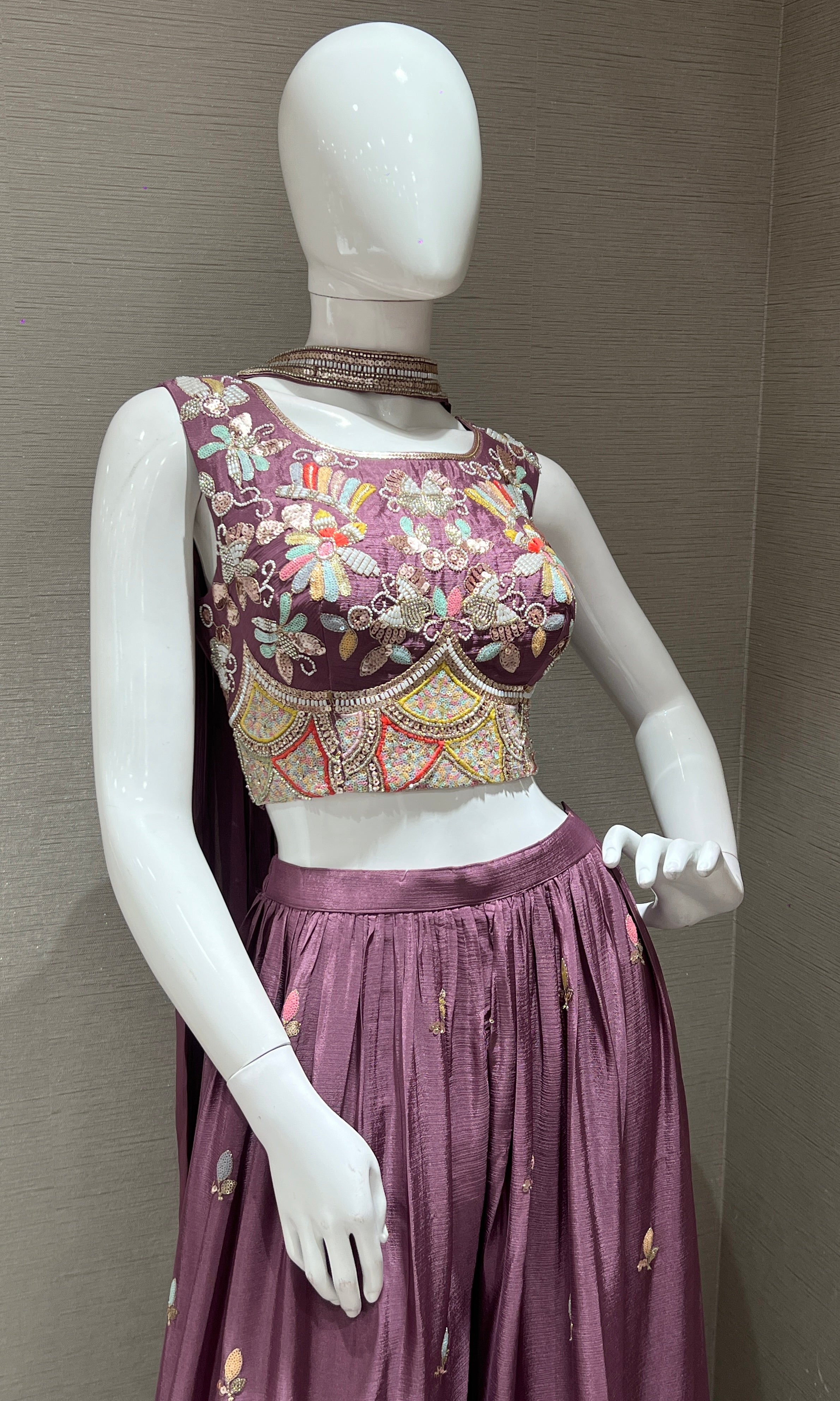 Lilac Embroidered Crop Top and Palazzo Set