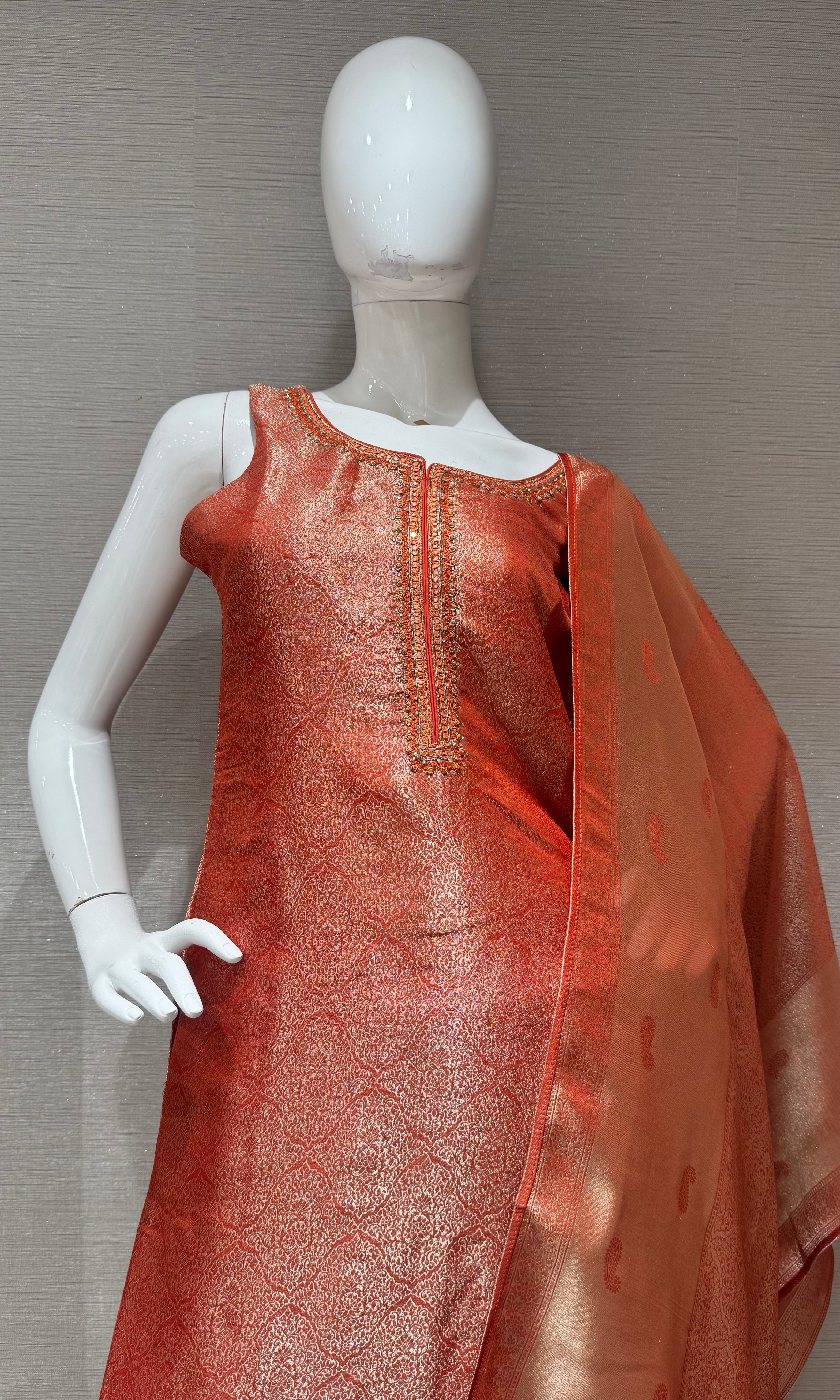 Rust Ethnic Kurta Set with Banarasi Dupatta