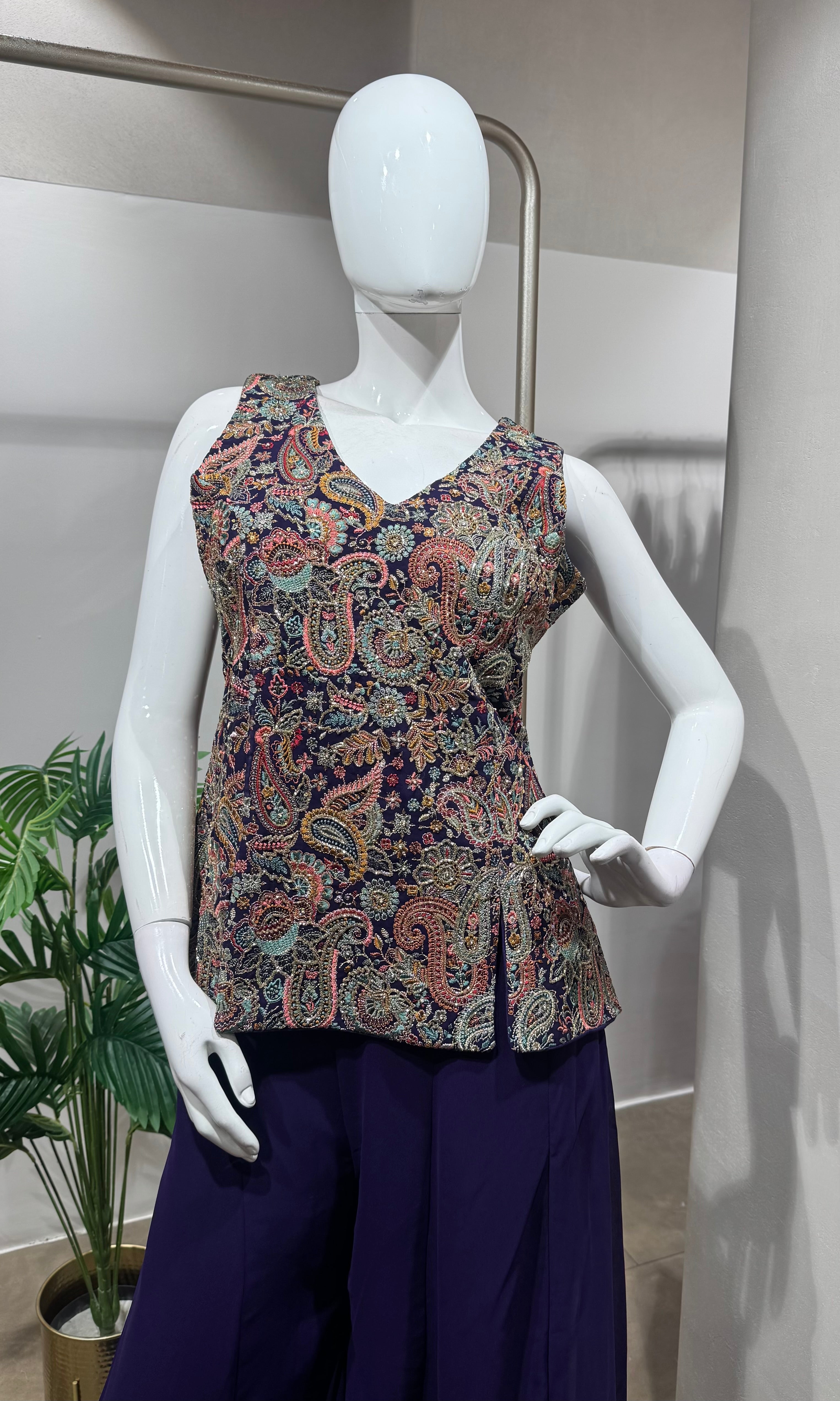 Purple embroidered georgette palazzo set