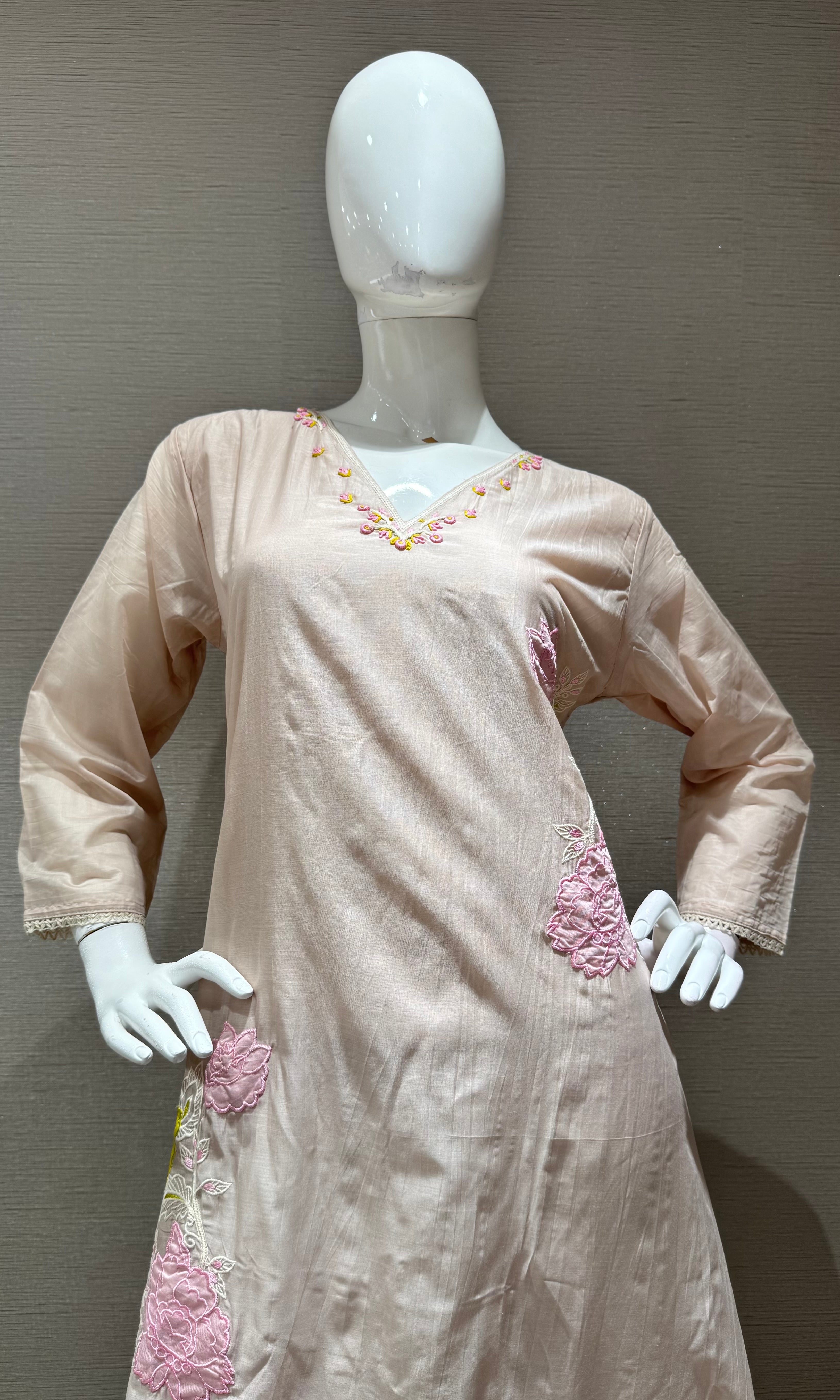 light beige kurta set with pink & yellow floral embroidery