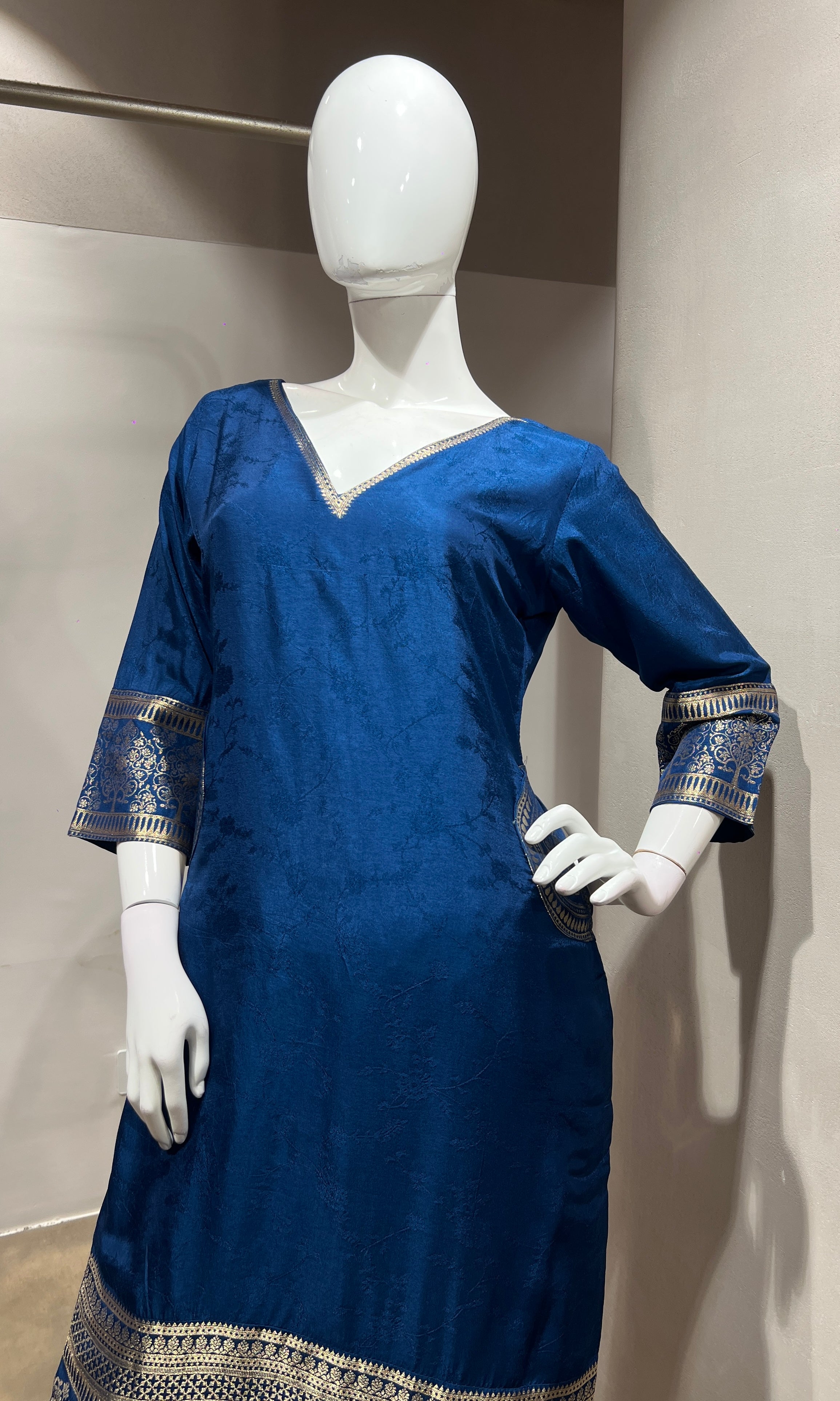 Peacock Blue Silk Straight Kurta Set with Gold Border
