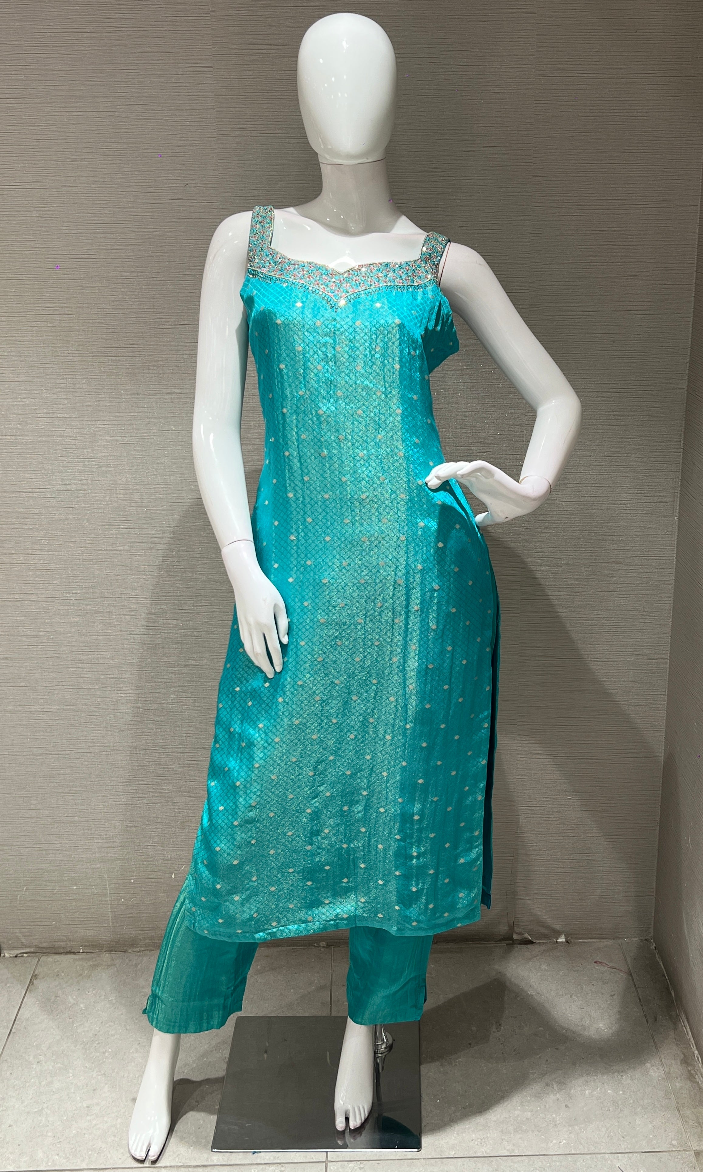 Sea blue kurta set with floral printed dupatta