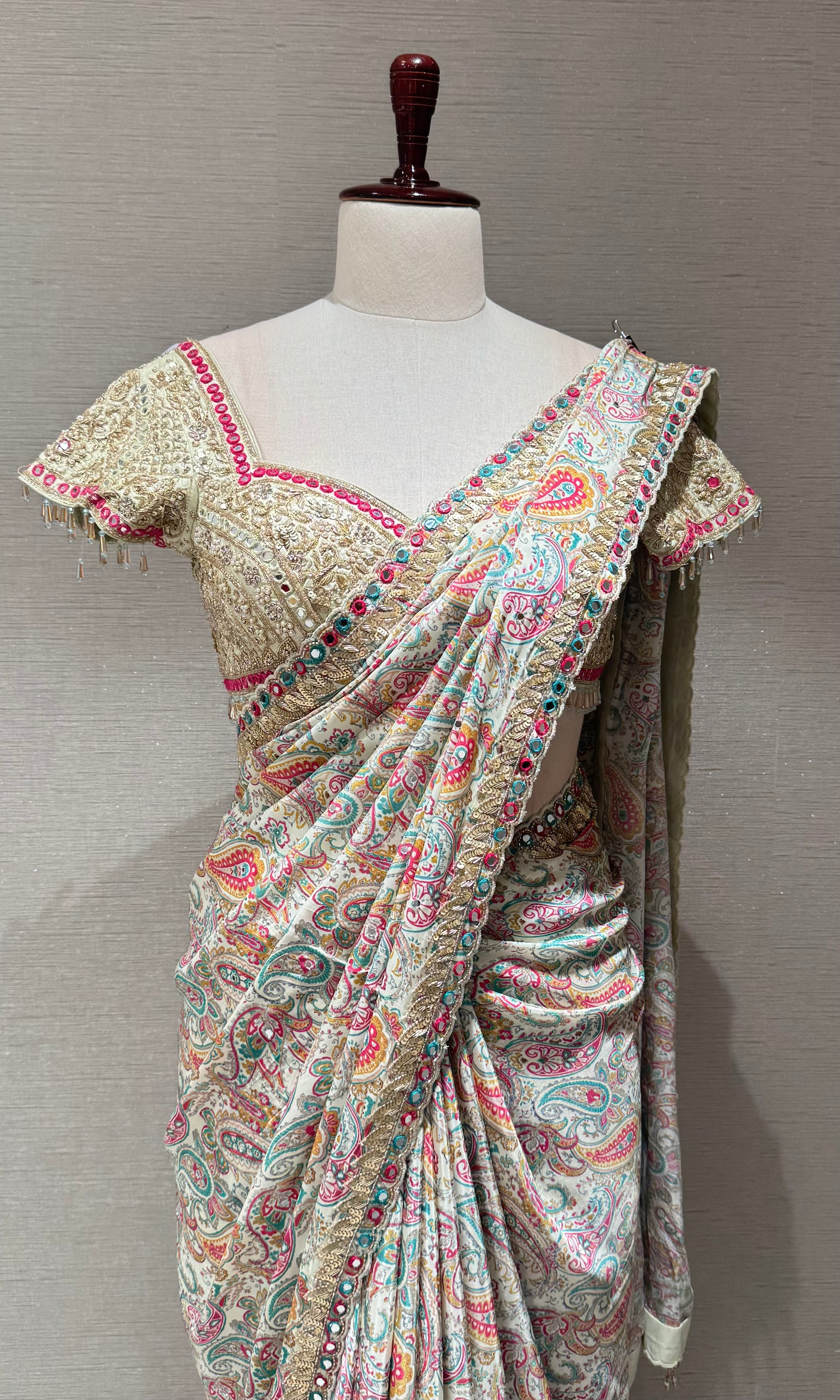Green multicolor printed designer saree with embroidered blouse