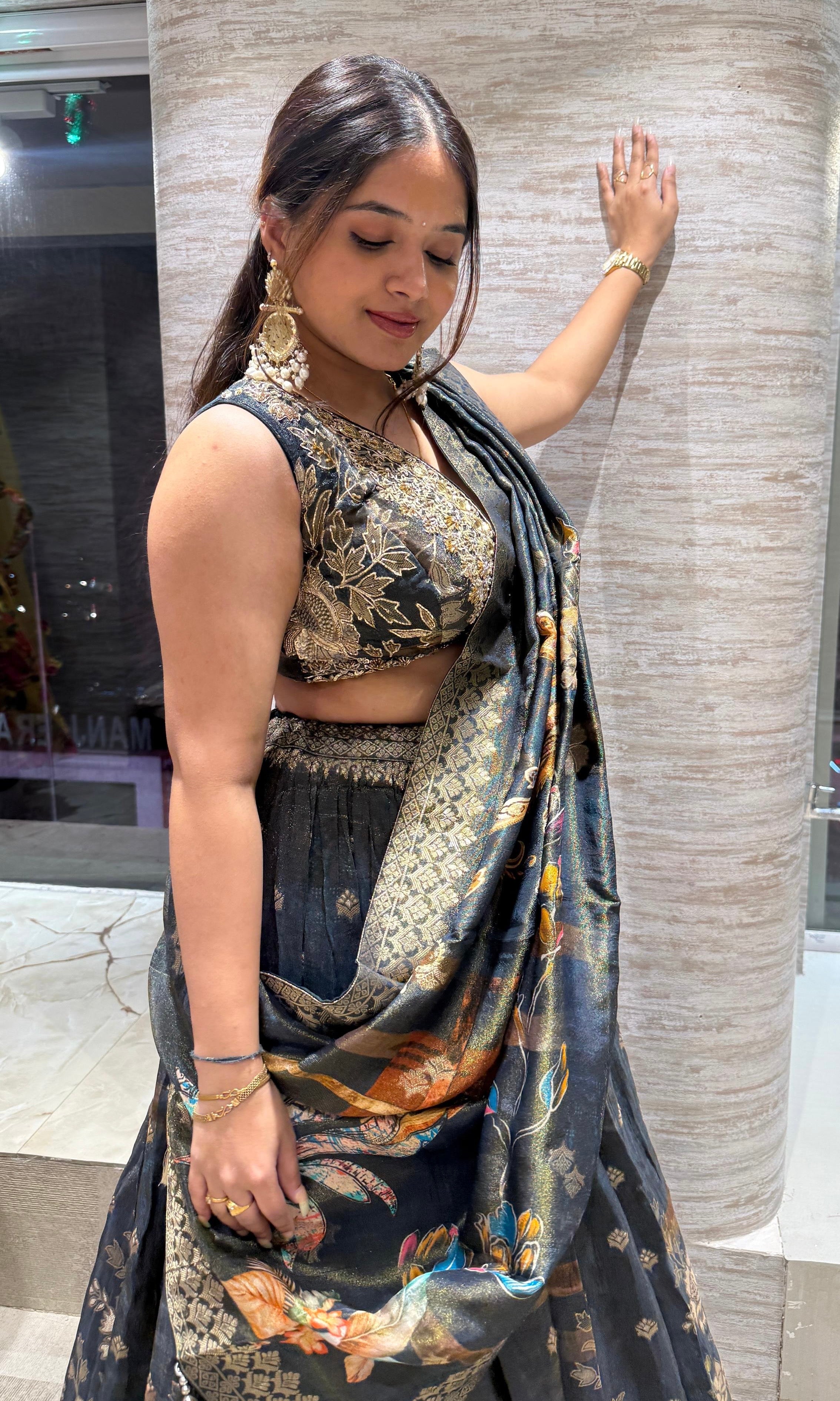 Green gold floral embroidered Lehenga