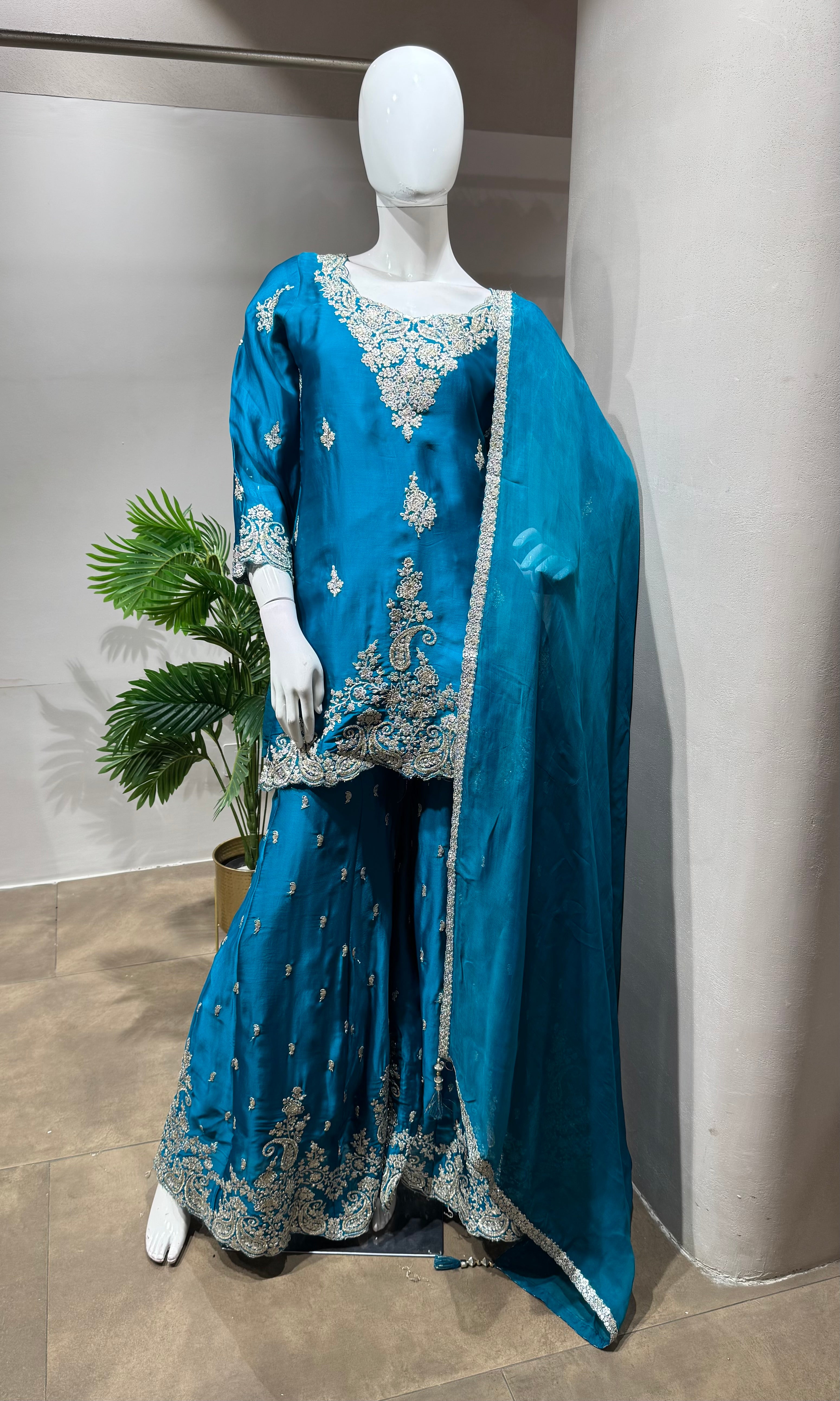 rama Designer Chinon Silk Embroidered Sharara Set