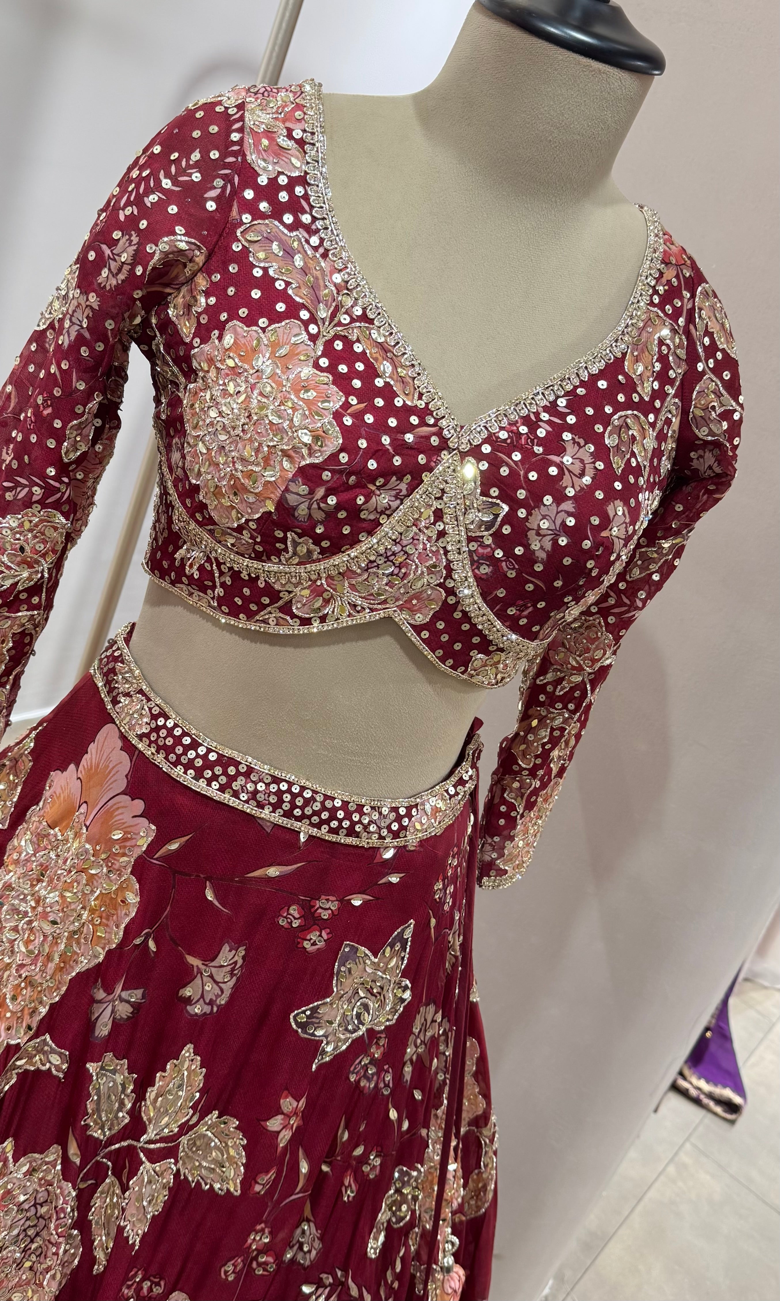 Maroon FLORAL EMBELLISHED lehenga