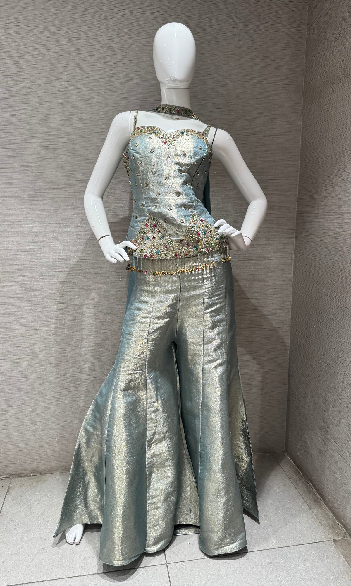 Pista Green Shimmer Corset Top and Stoned Palazzo Set