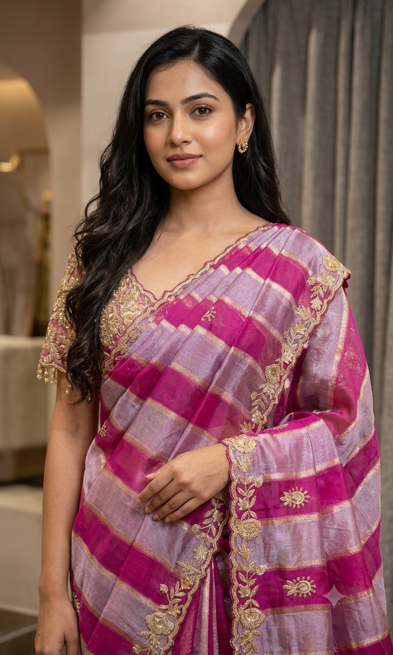 WINE Leheriya saree with embroidered blouse