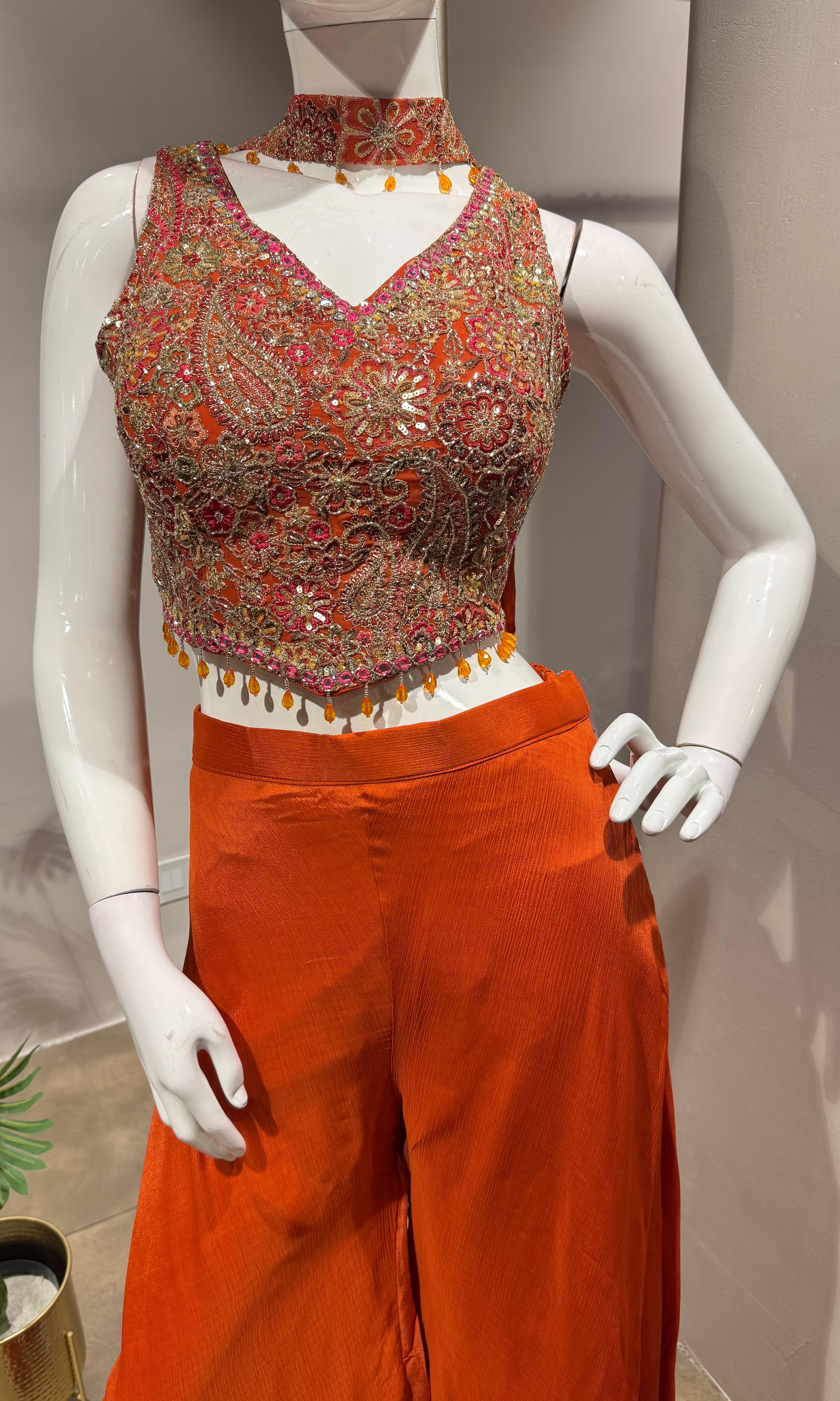 Rust Orange Embroidered Palazzo Set