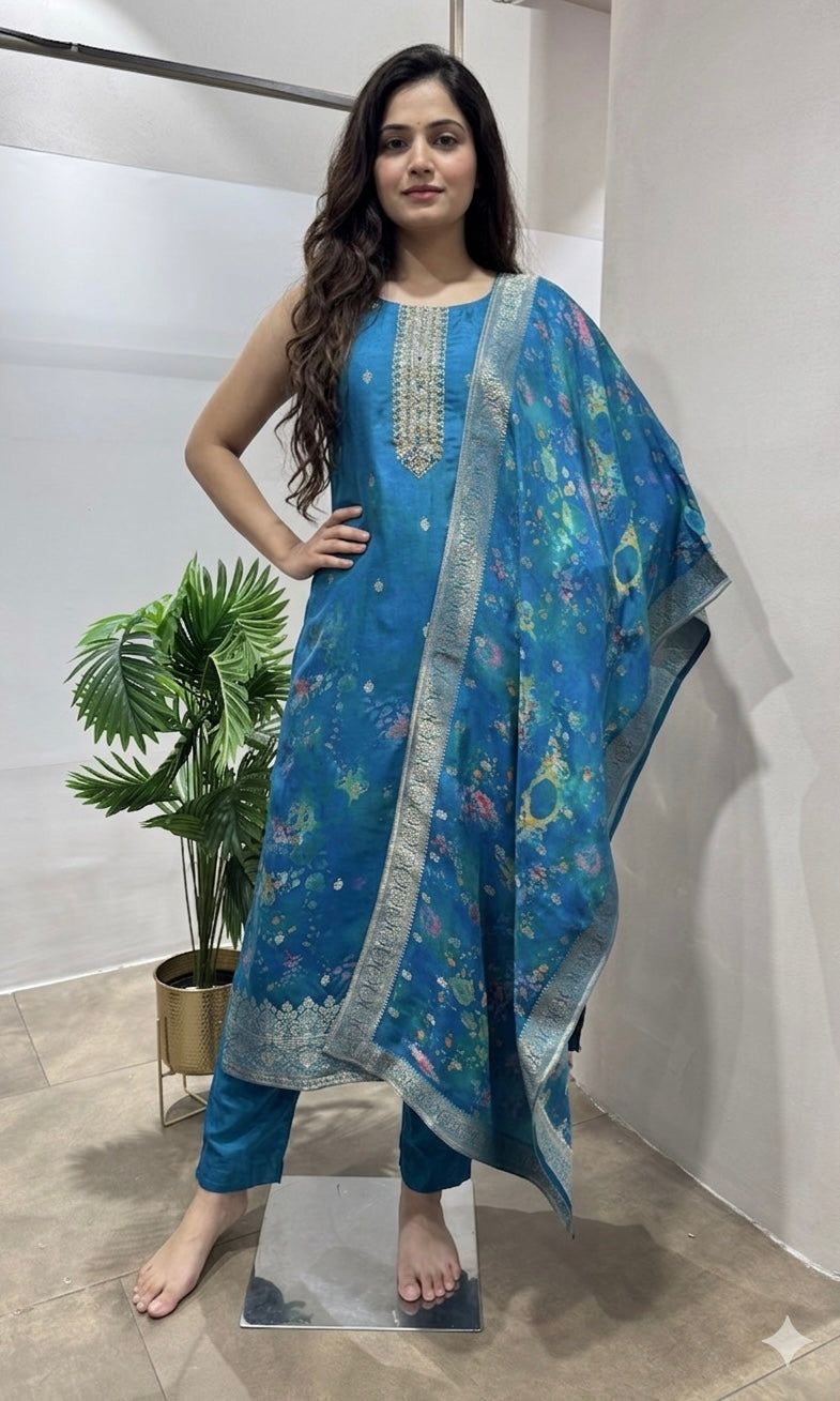 Rama blue EMBROIDERED KURTA SET