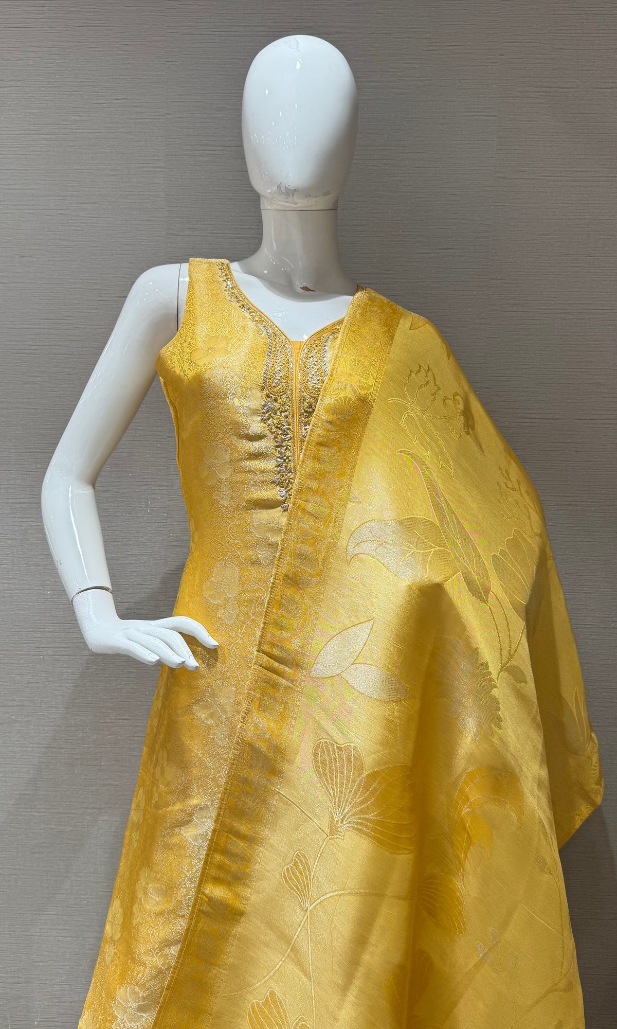 Yellow Banarasi Silk Brocade Kurta with Dupatta