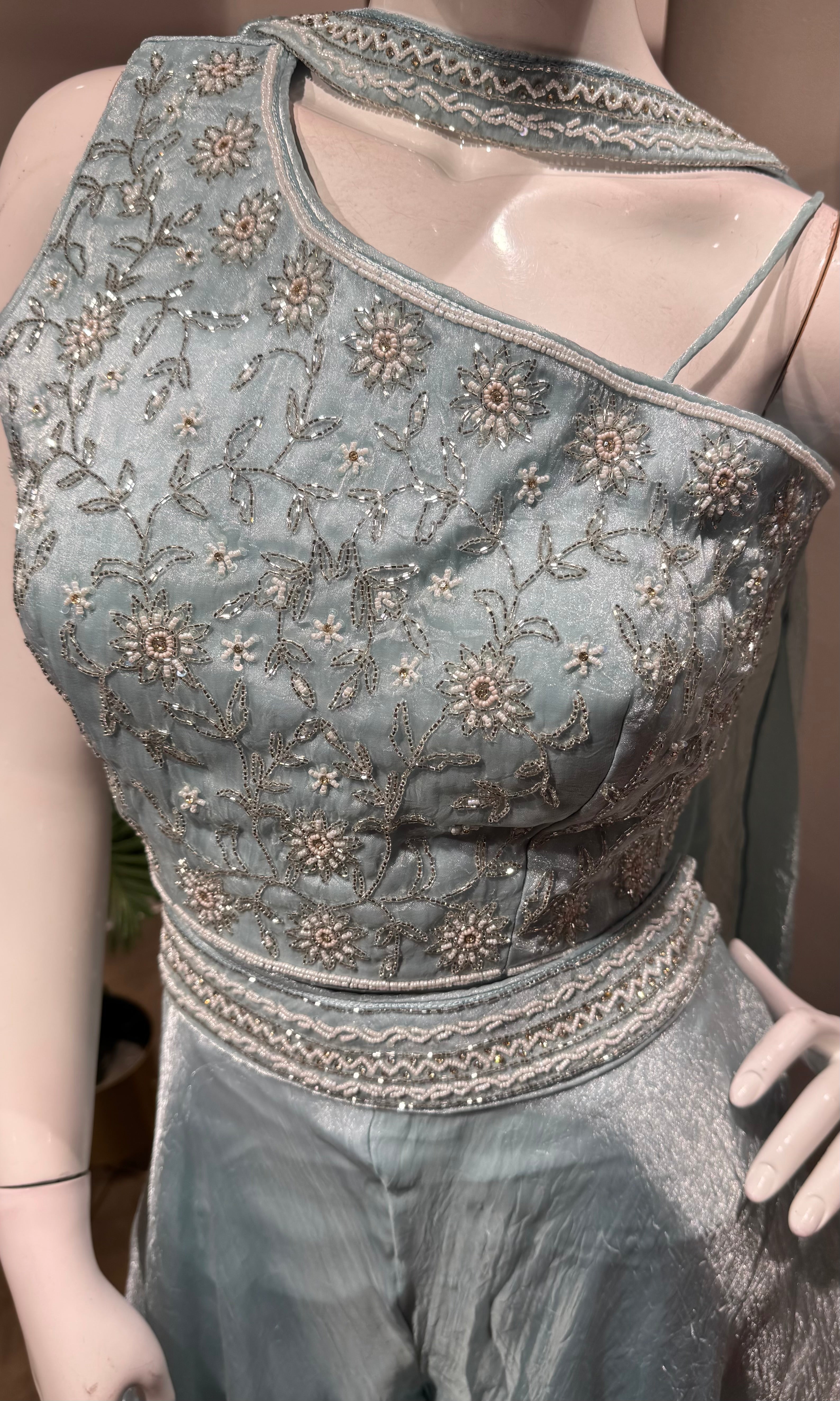 Blue palazo set with embroidered crop top