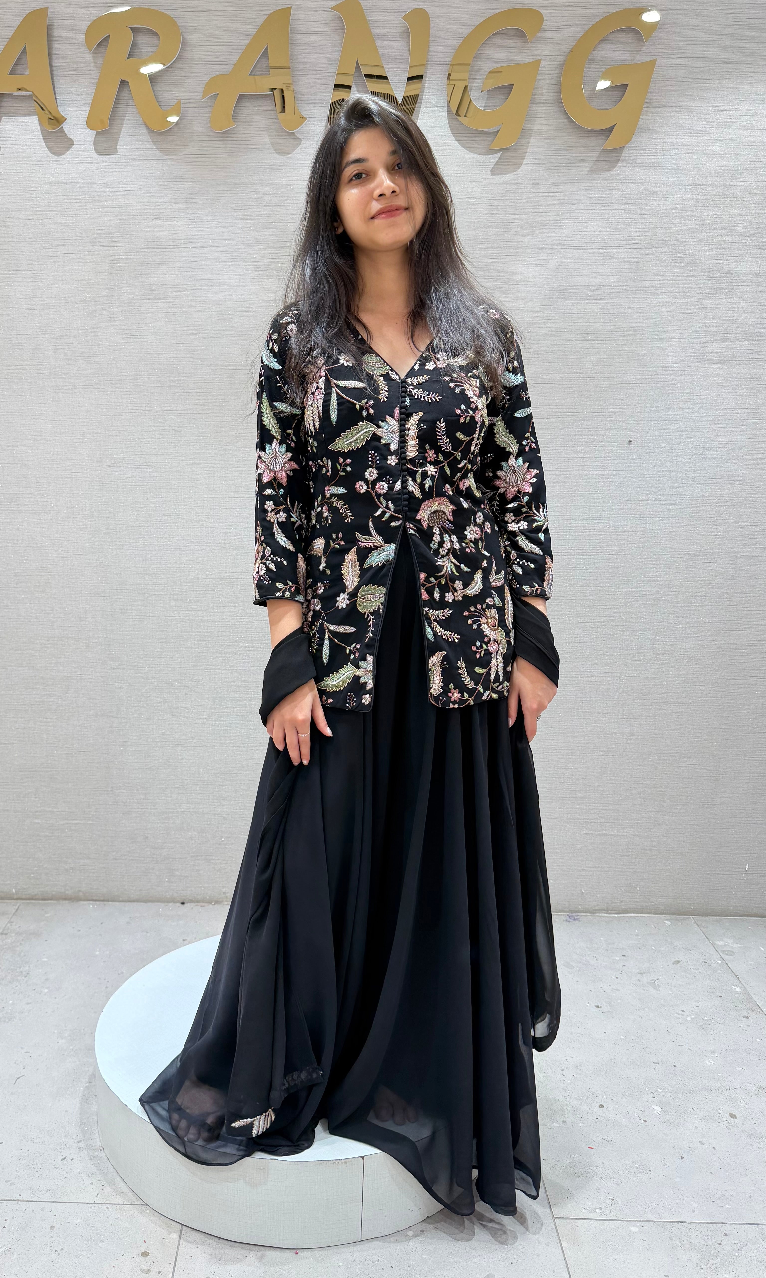 Black FRONT SLIT PEPLUM SHARARA SET