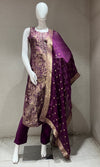 WINE ETHNIC KURTA SET WITH WOVEN DUPATTA